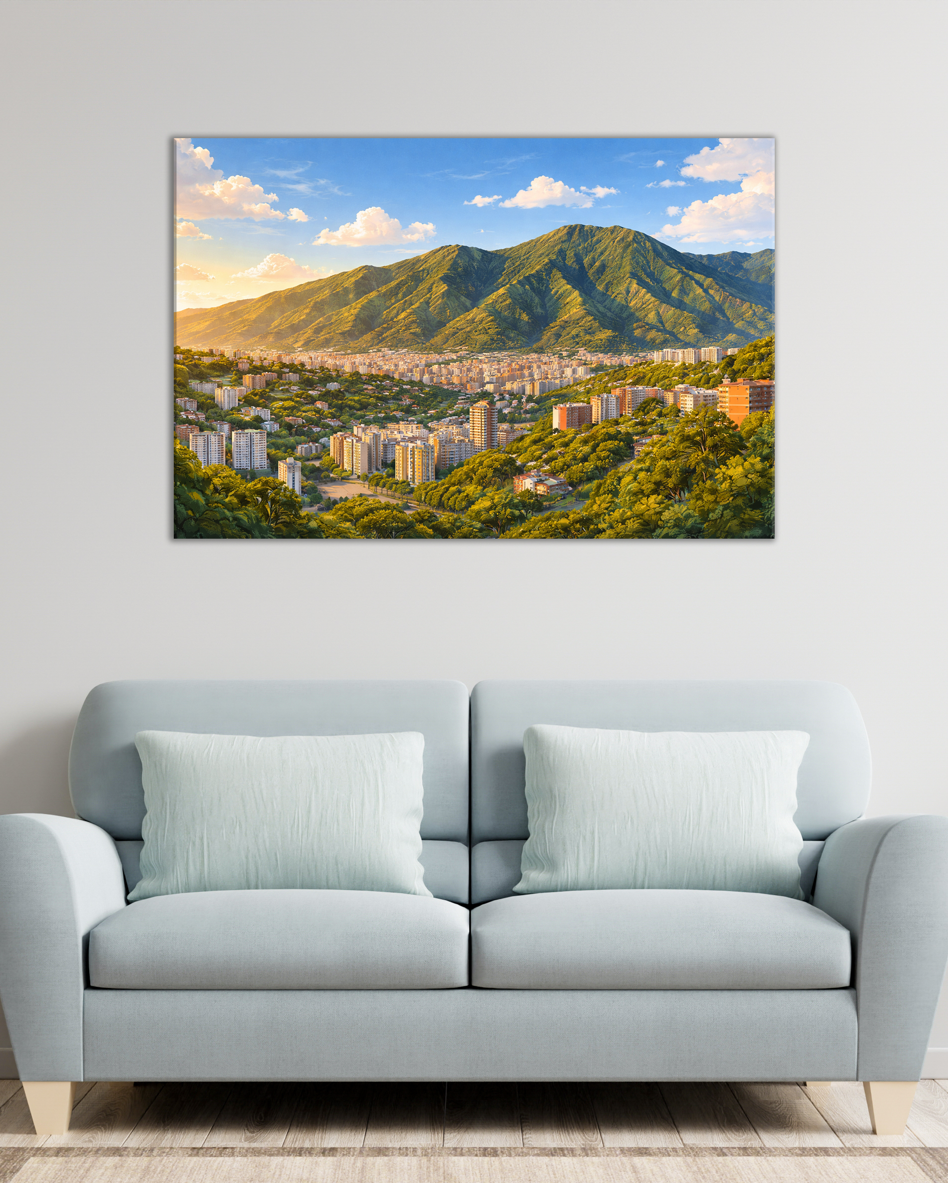 Cuadro de El Ávila con vista a Caracas. Paisaje urbano y natural de Venezuela