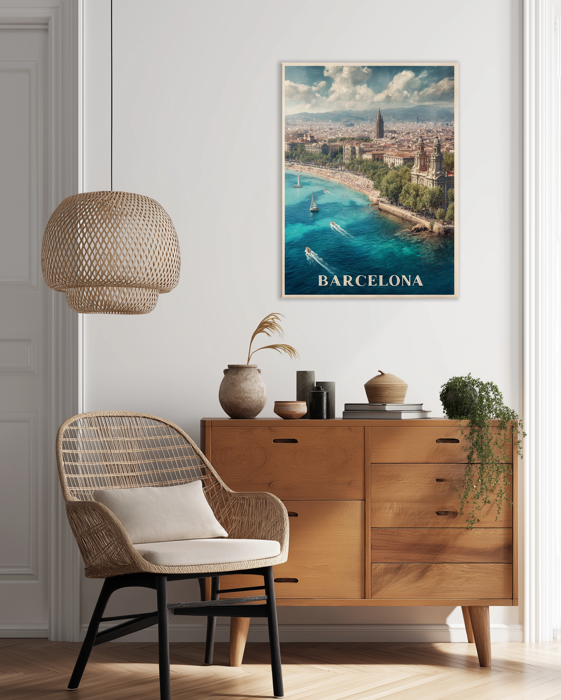Cuadro decorativo de Barcelona con vista aérea del mar y la ciudad