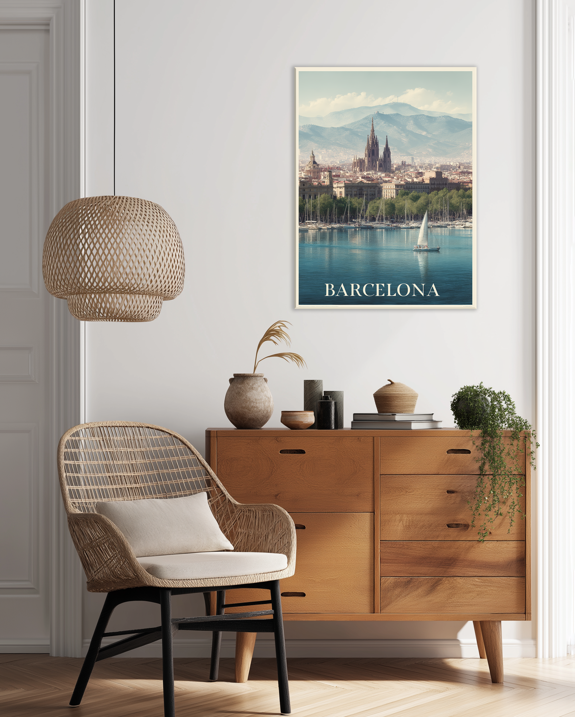 Cuadro decorativo de Barcelona con la Sagrada Familia y el mar Mediterráneo