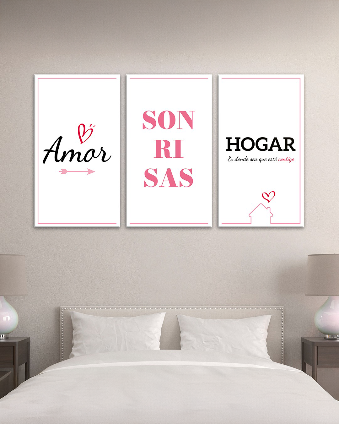 Cuadro con frases inspiradoras Amor, Sonrisas y Hogar