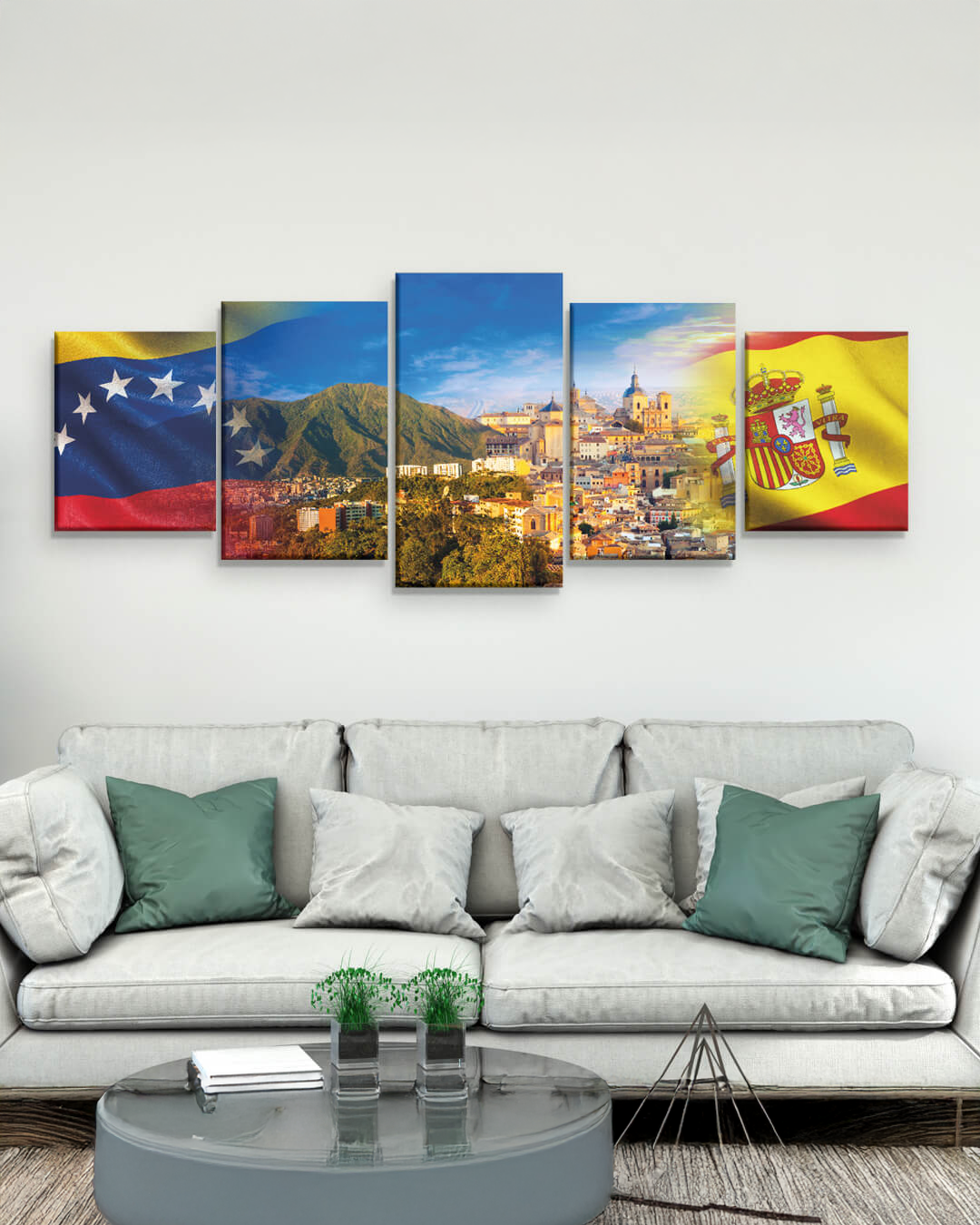 Paisajes de Venezuela y España con banderas