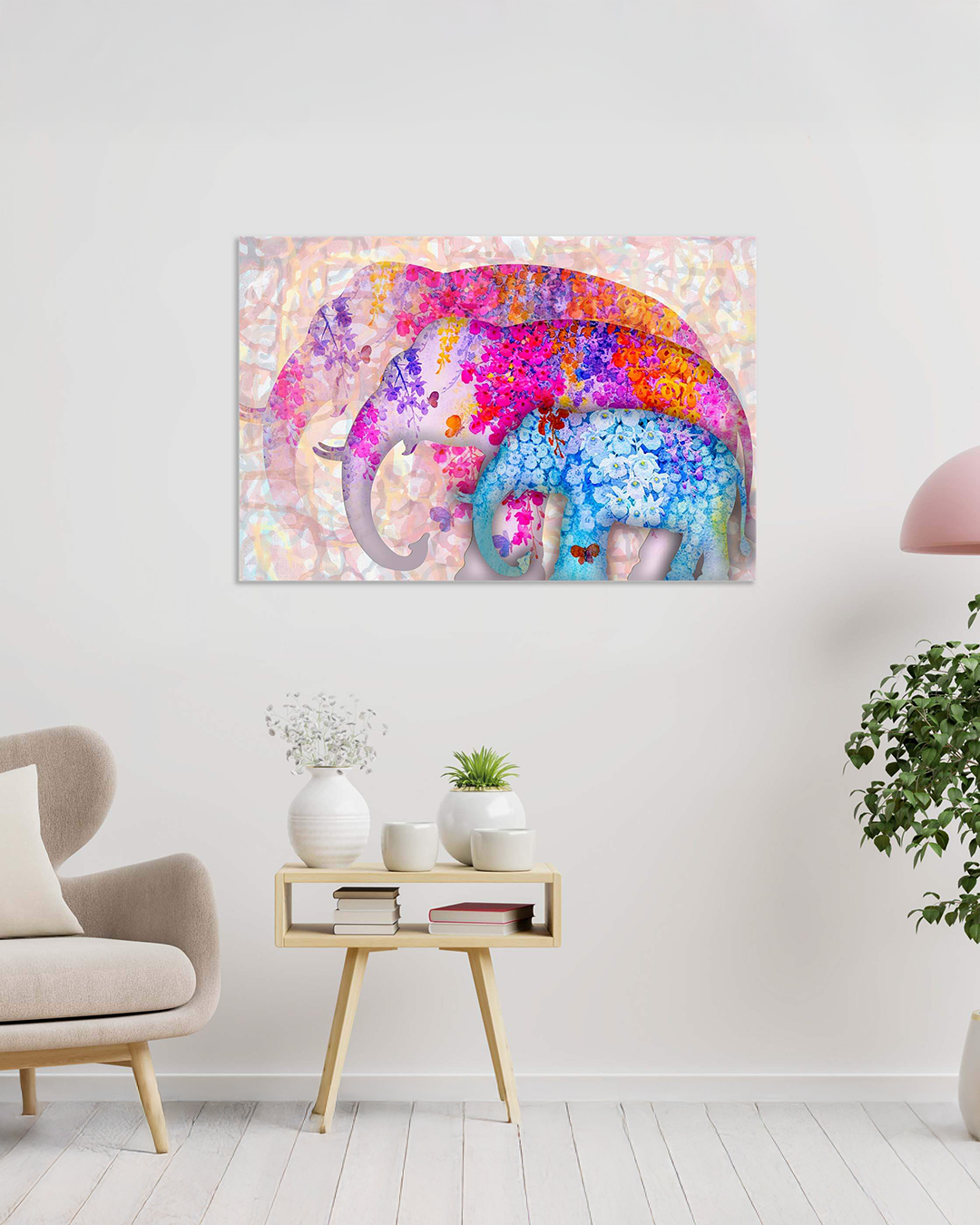 Cuadro decorativo de elefantes con flores en tonos pastel – Estilo boho