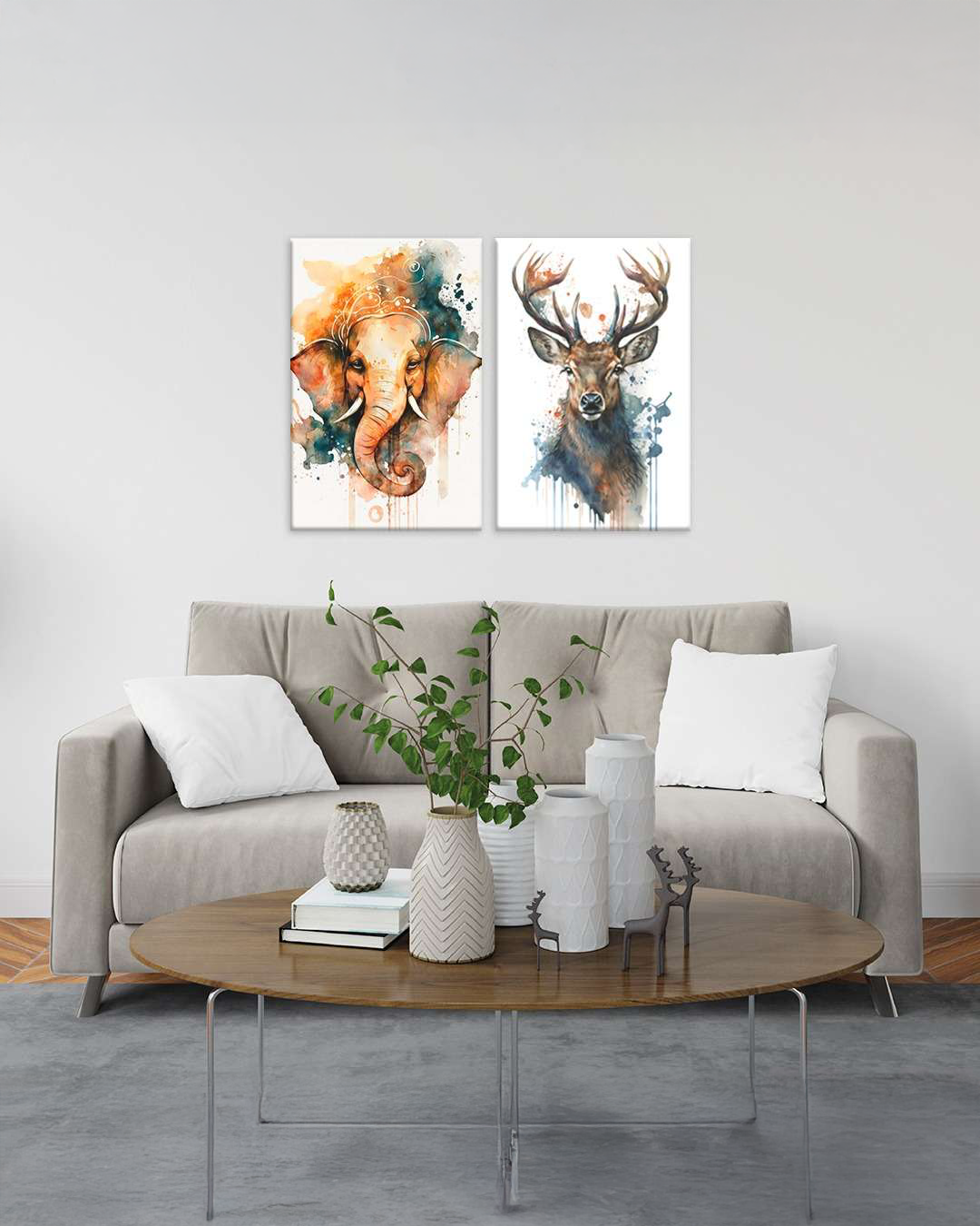 Cuadro de 2 Canvas abstracto Elefante y Ciervo