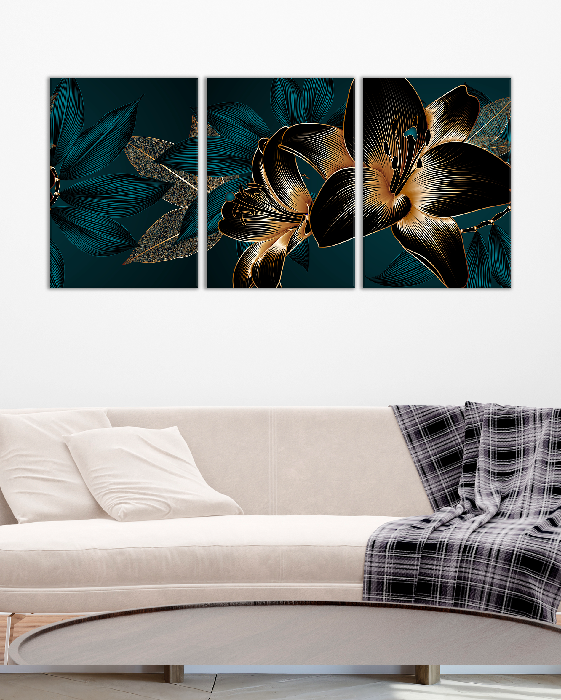 Cuadro Tríptico de Flores Elegantes en Azul y Dorado, Arte Floral Moderno