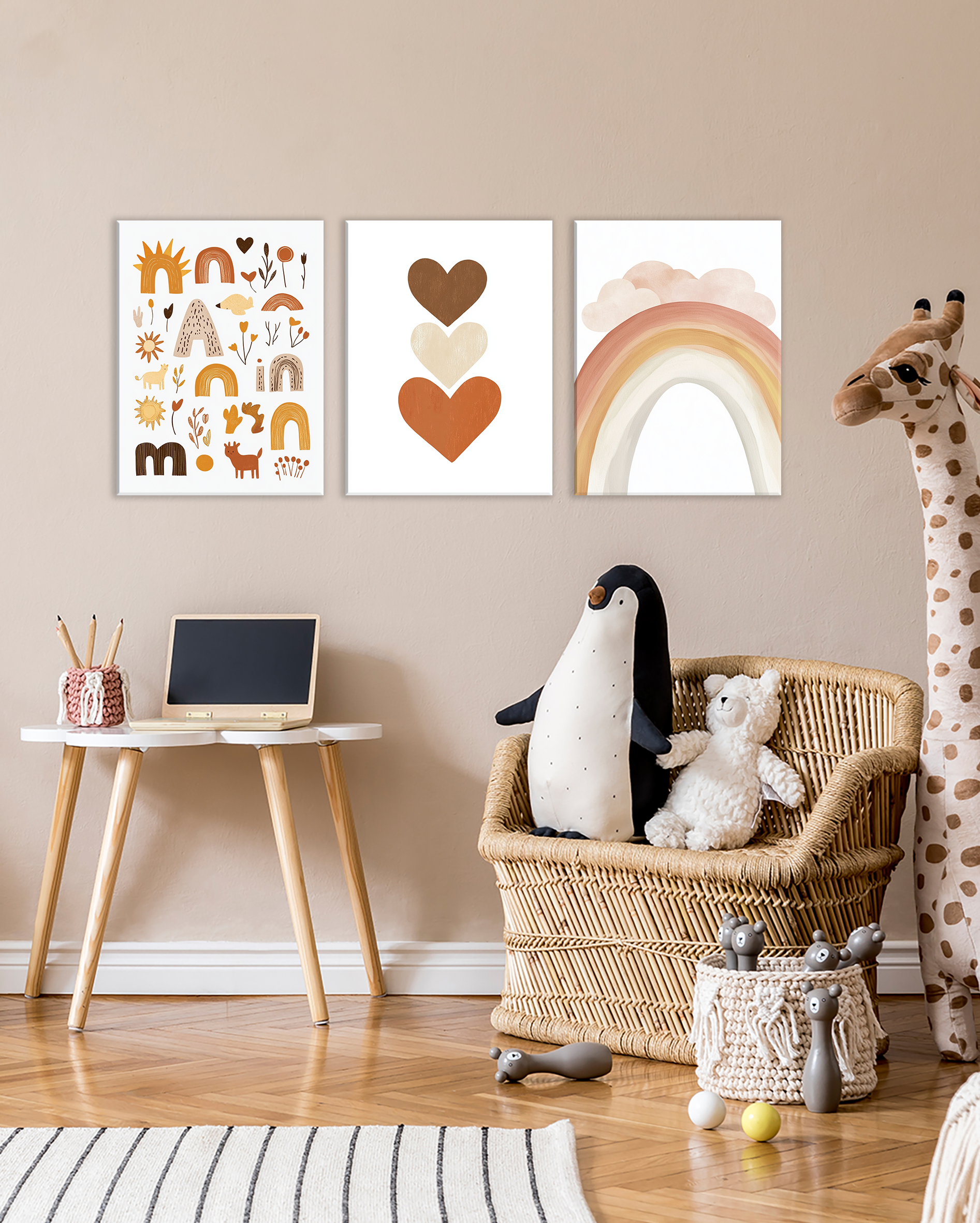 Set de cuadros decorativos infantiles boho arcoíris y corazones