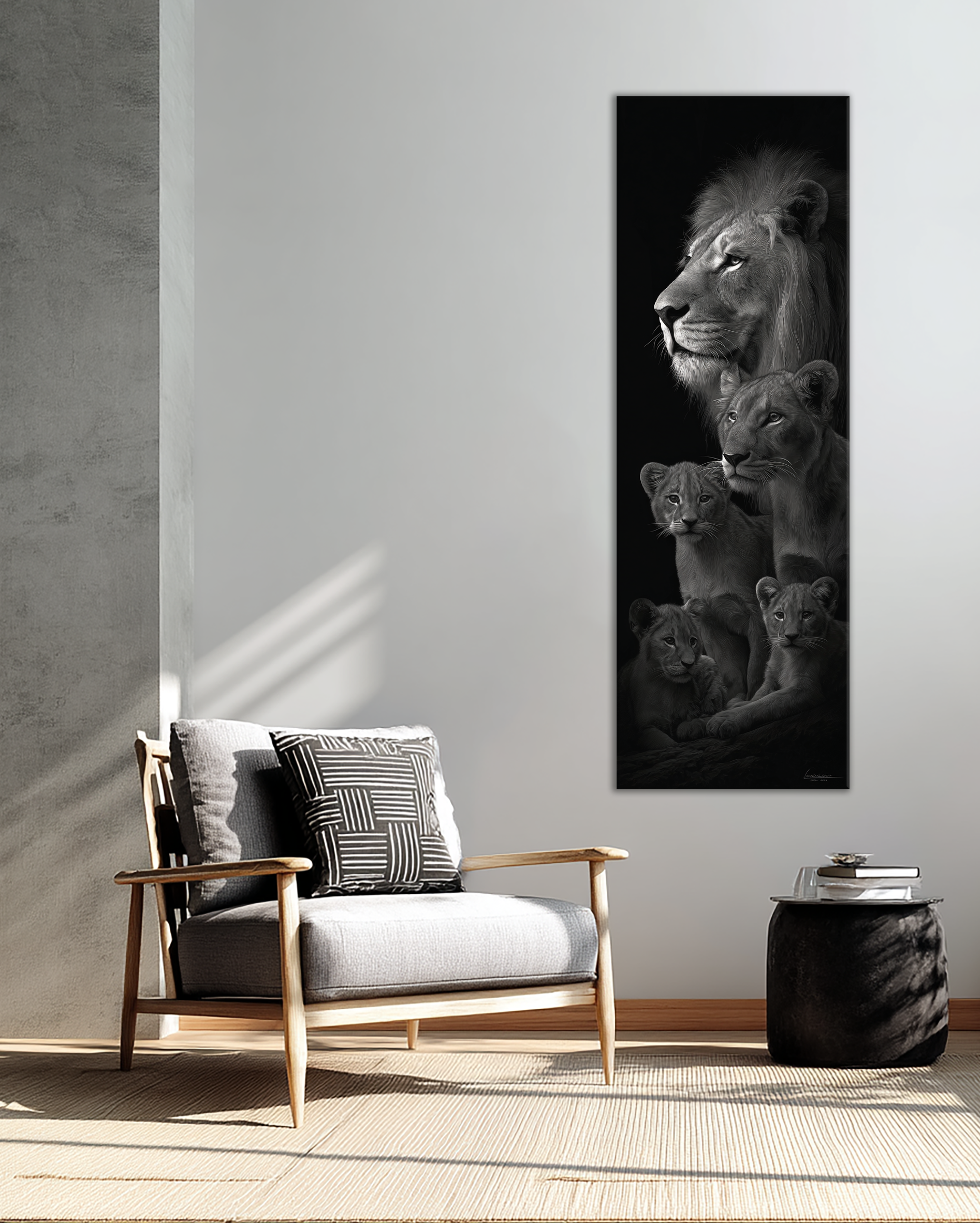 Cuadro Vertical de Familia de Leones en Blanco y Negro