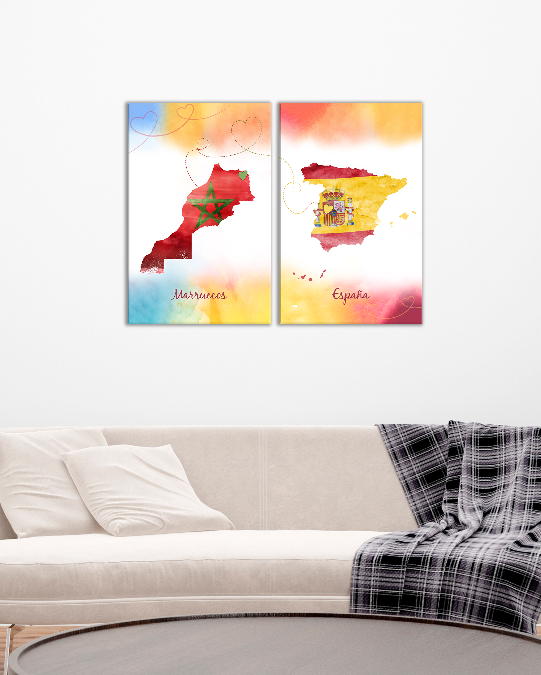 Cuadros mapas de países Marruecos y España en colores