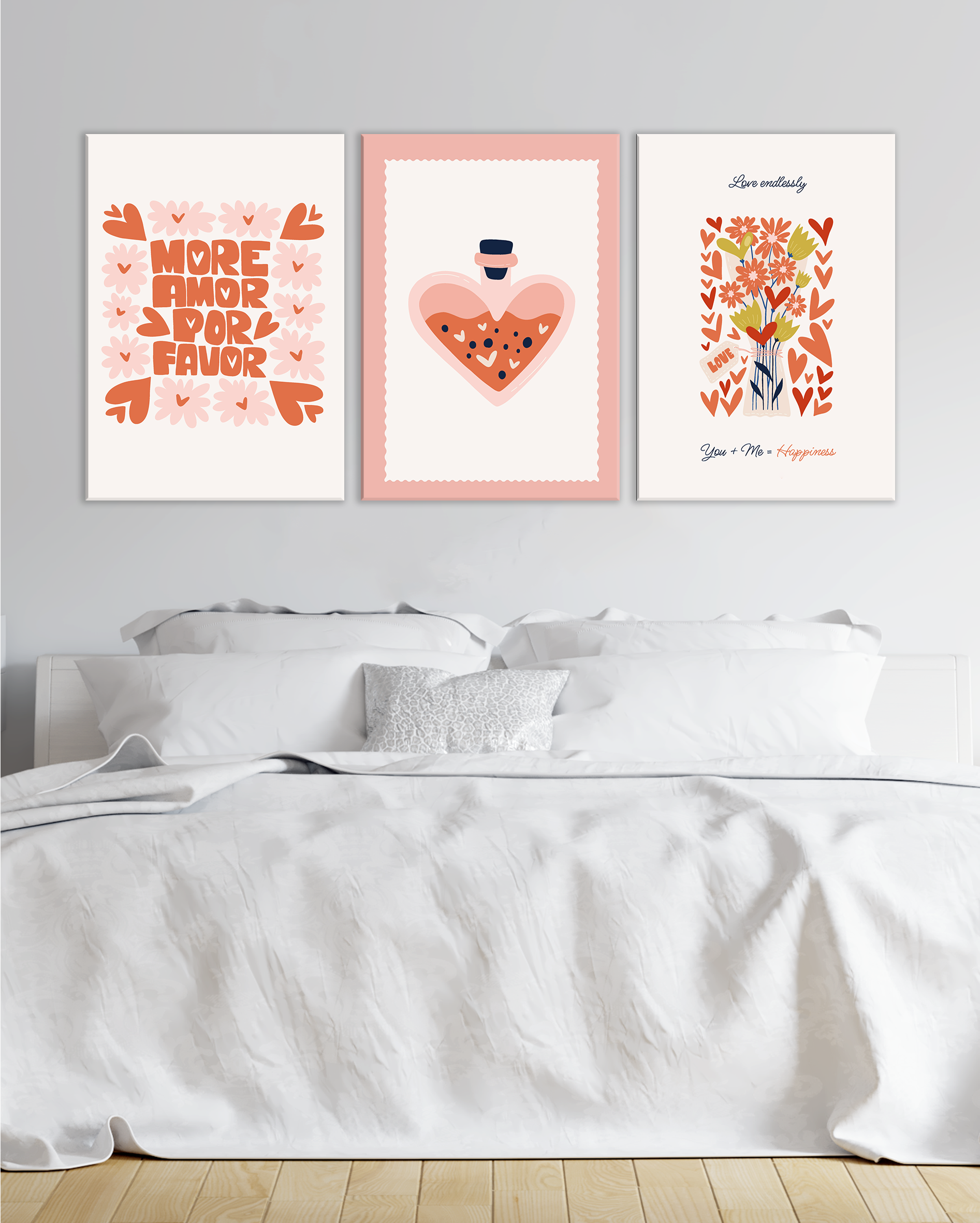 Set de cuadros amorosos modernos – Frases románticas y diseños con corazones y flores