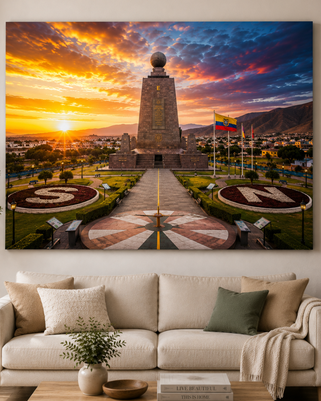 Cuadro retrato del Monumento Mitad del Mundo en paisaje Ecuador al Atardecer