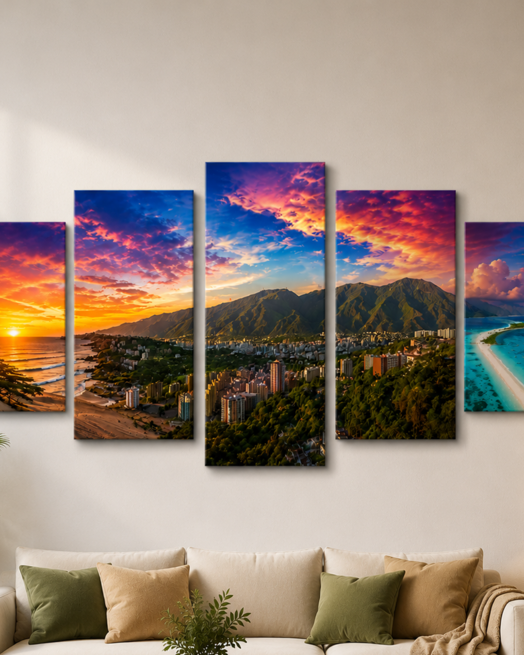 Cuadro Paisaje Venezolano | Playa, Tepuyes y el Avila en Composición 5 cuadros