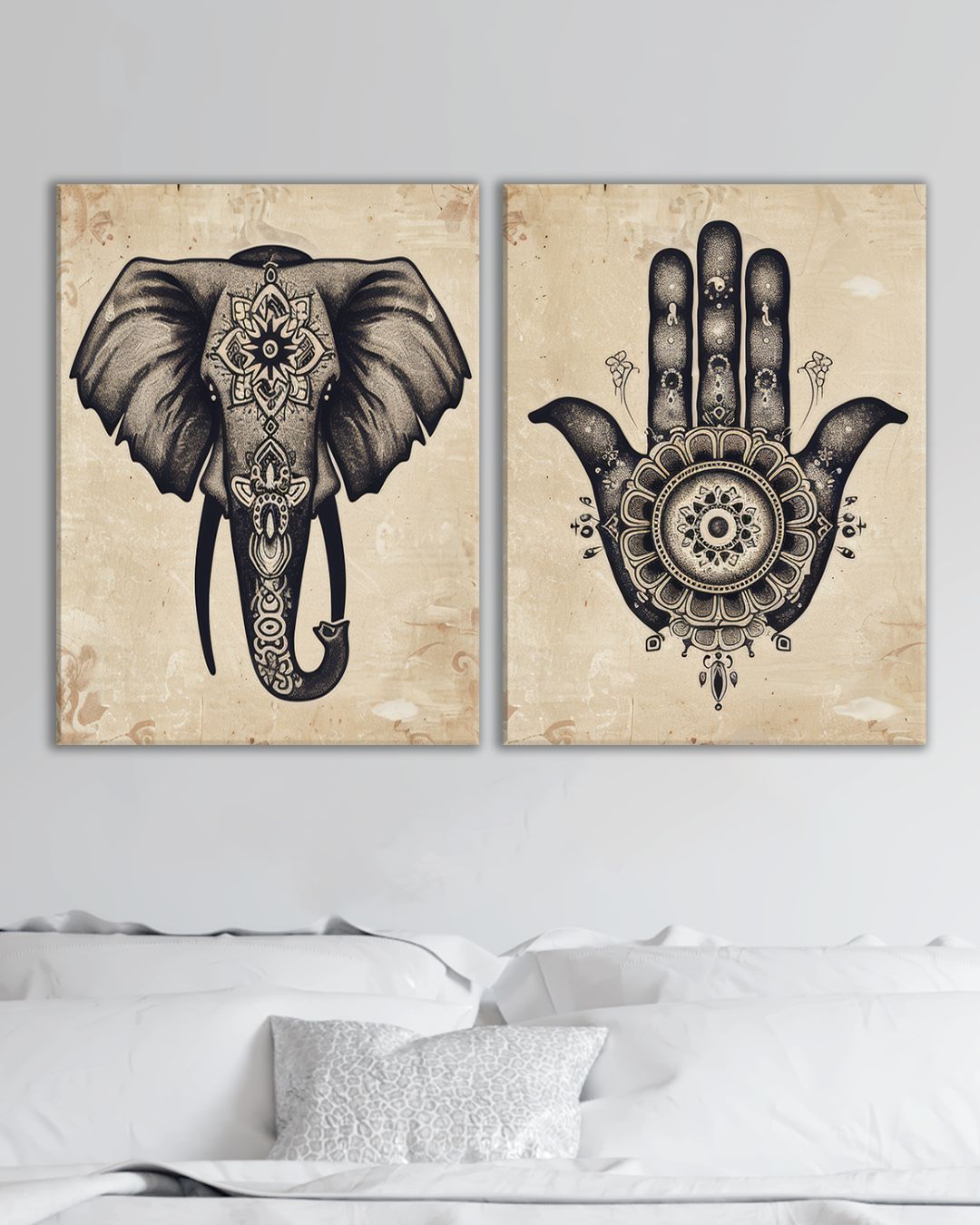 Set de Cuadros Espirituales Elefante Mandala y Mano de Fátima