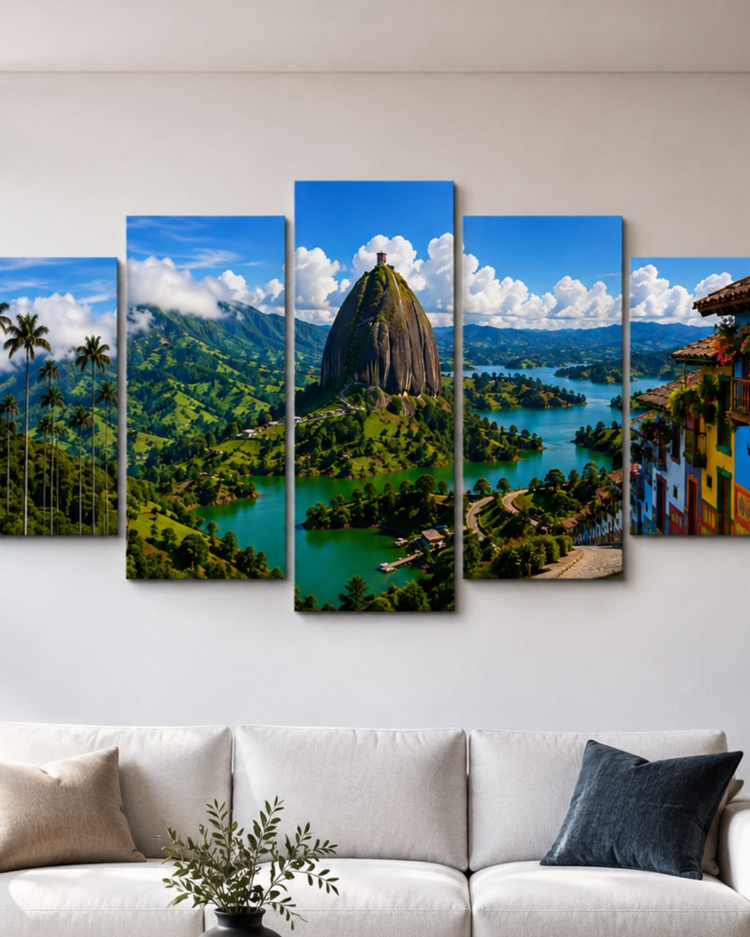 Cuadro de Guatapé y Piedra del Peñol – Paisaje Colombiano en 5 Piezas