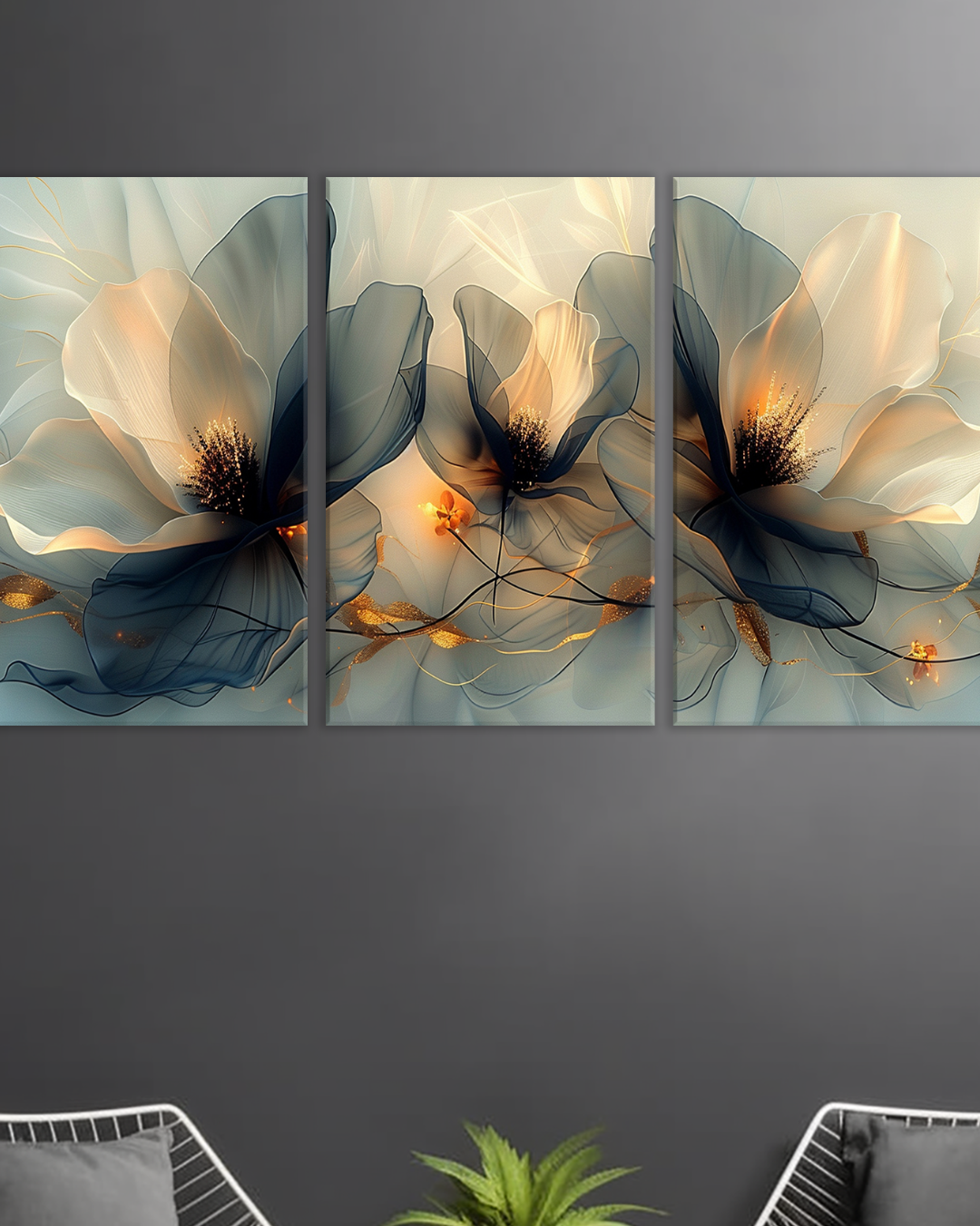 Cuadro Tríptico de Flores Modernas en Tonos Neutros