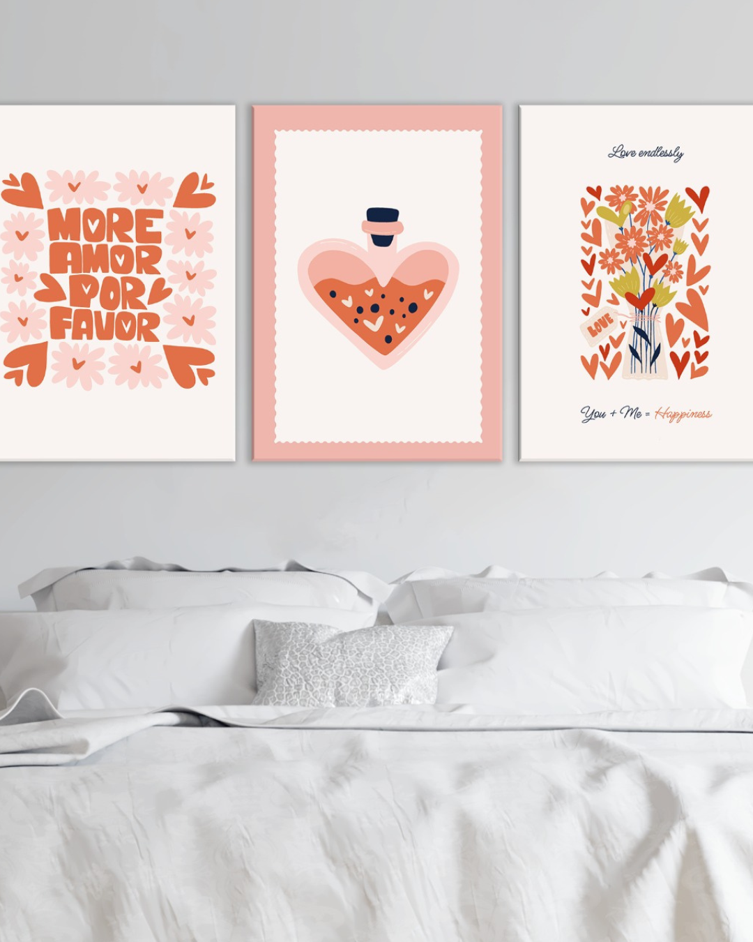 Set de cuadros amorosos modernos – Frases románticas y diseños con corazones y flores