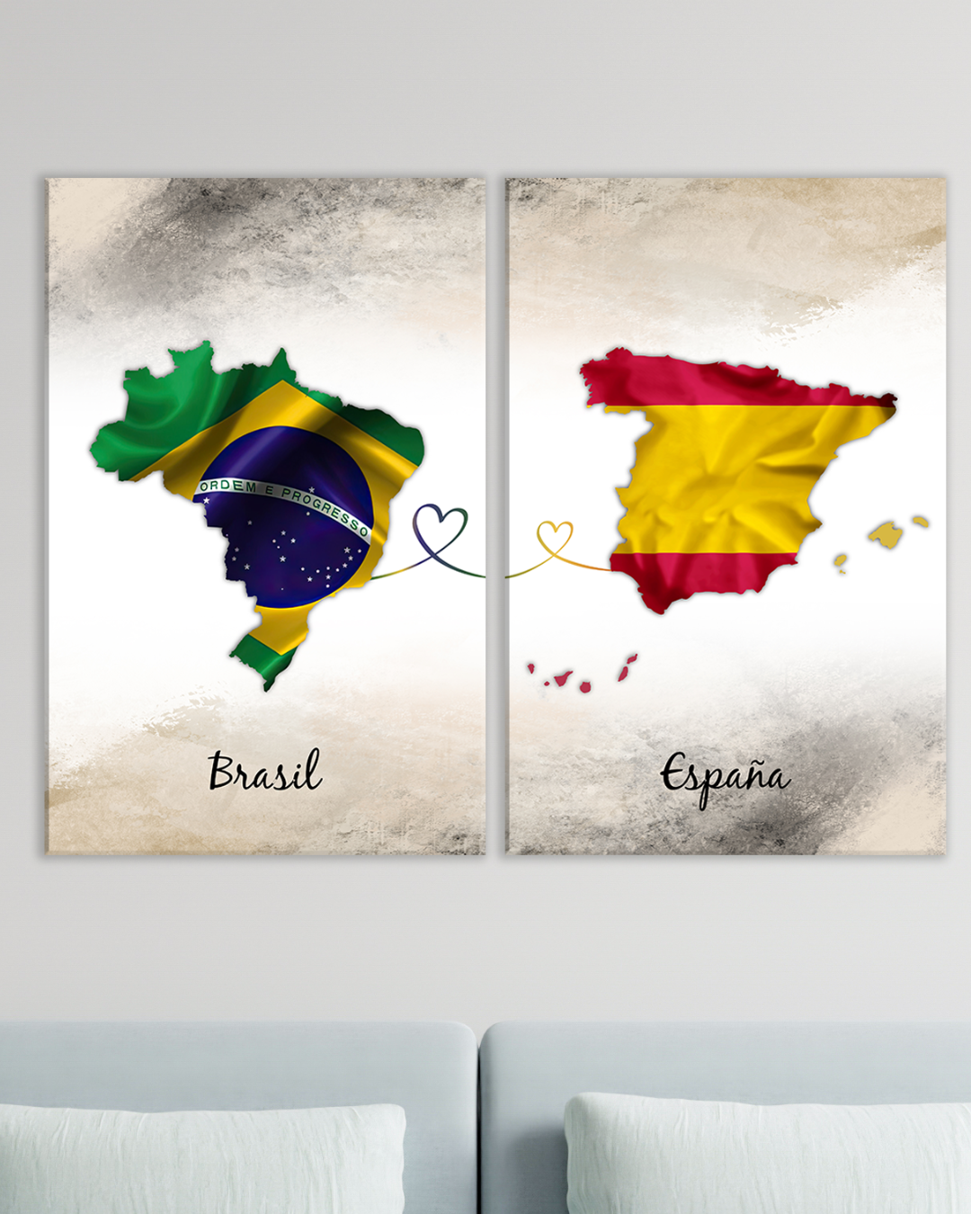 Cuadro de mapas de Brasil y España unidos por corazones – diseño decorativo moderno