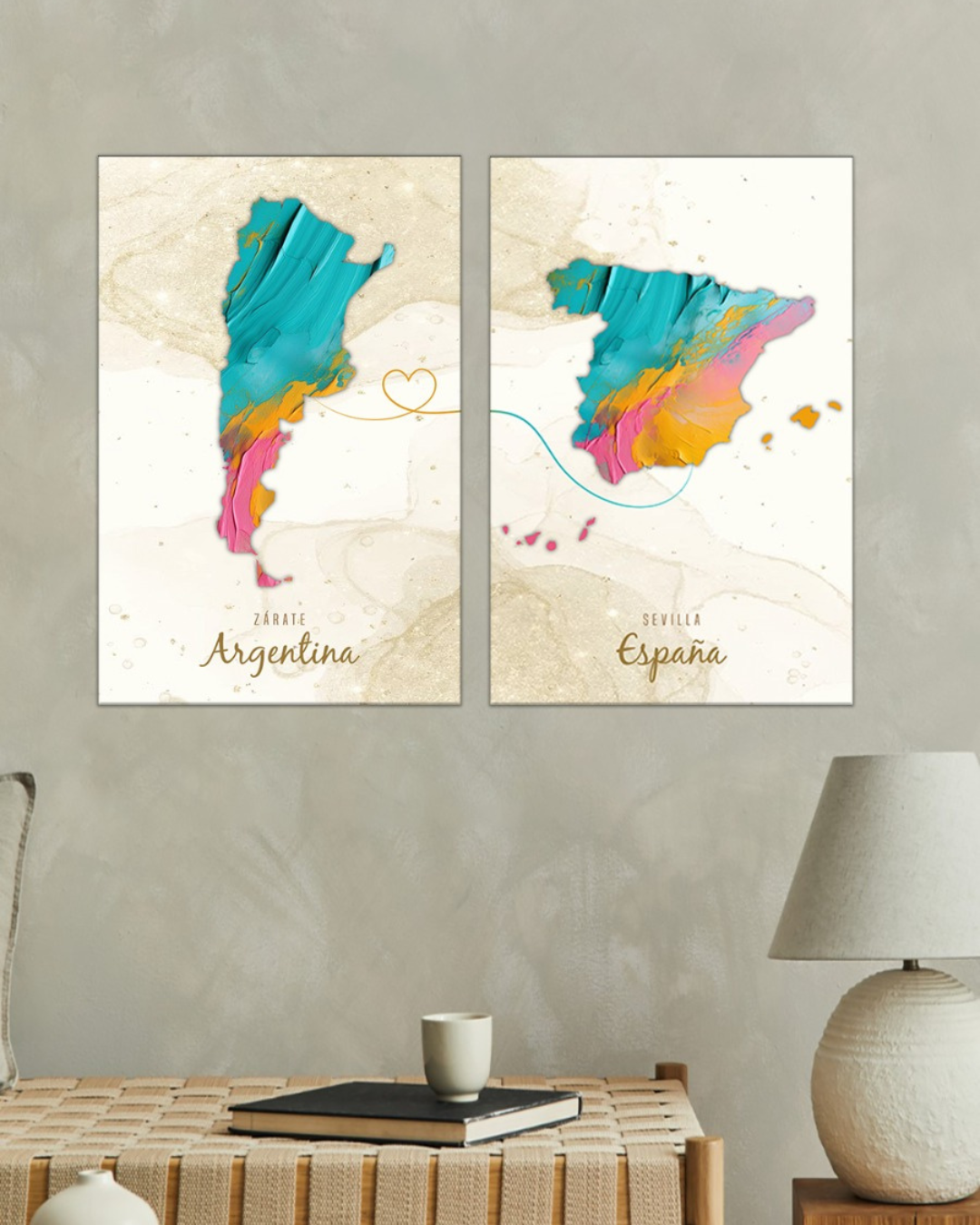 Cuadro de mapas Argentina y España en estilo artístico moderno