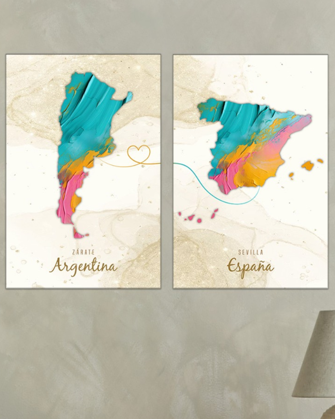 Cuadro de mapas Argentina y España en estilo artístico moderno