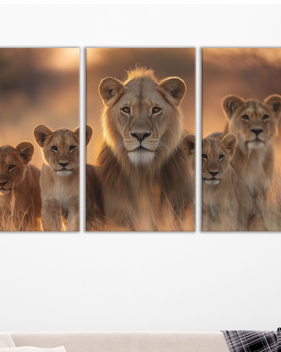 Cuadro Tríptico de Familia de Leones en la Sabana