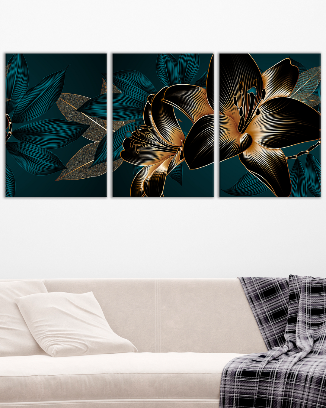 Cuadro Tríptico de Flores Elegantes en Azul y Dorado, Arte Floral Moderno