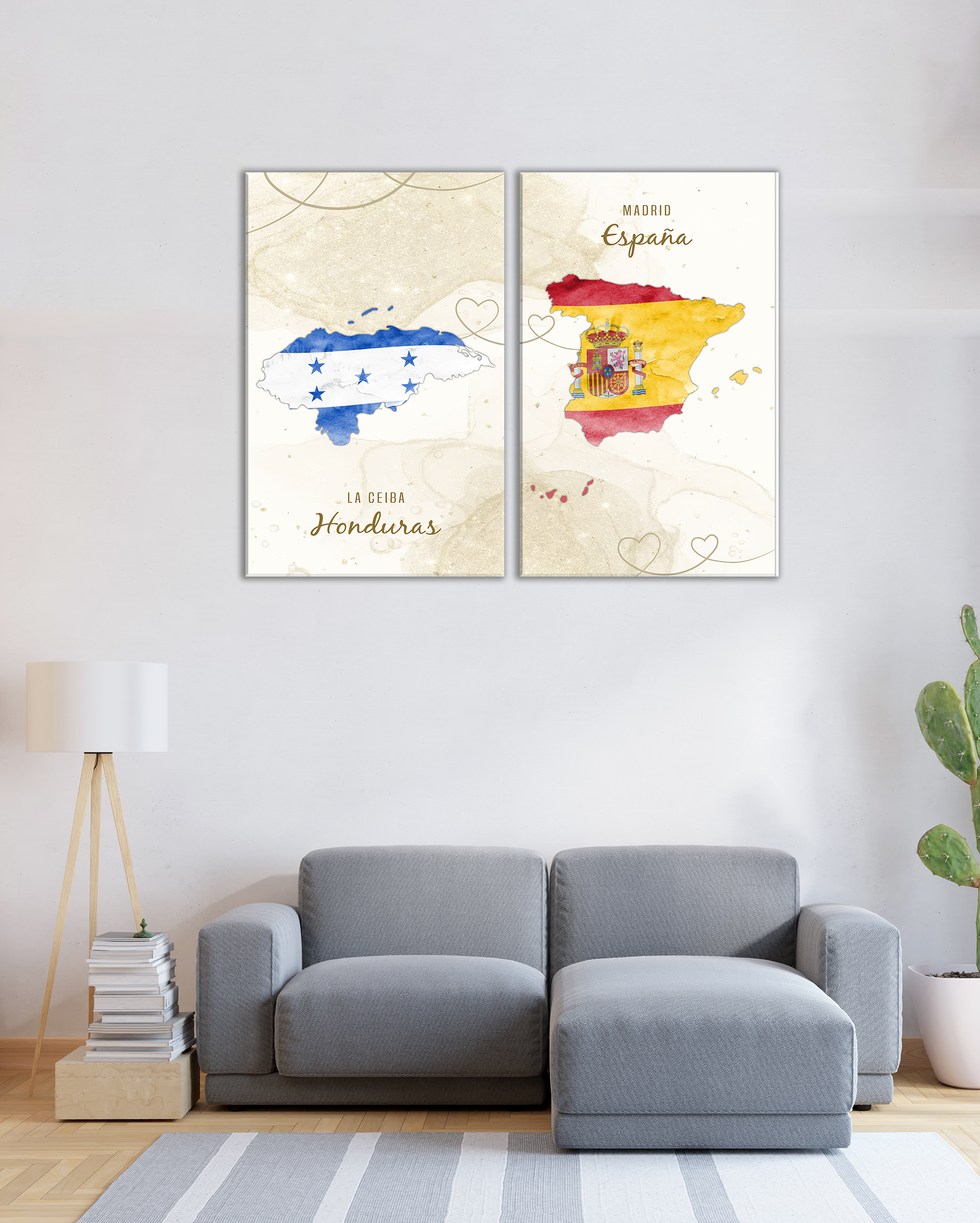 Mapas de Países. Set de 2 cuadros en tonos claros con banderas