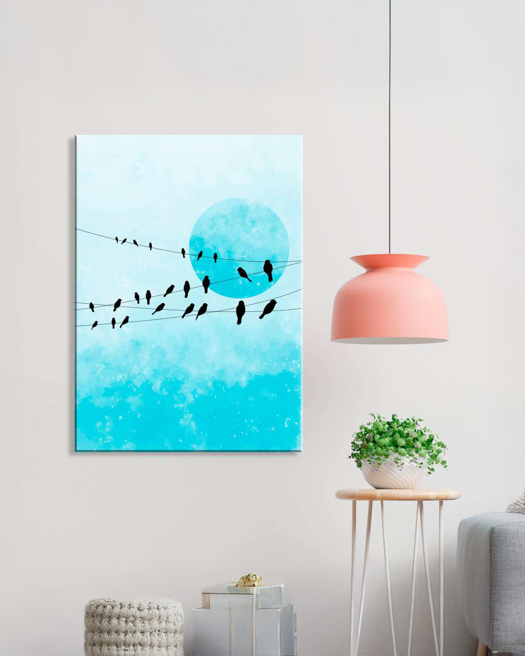 Cuadro retrato de pajaritos con luna azul