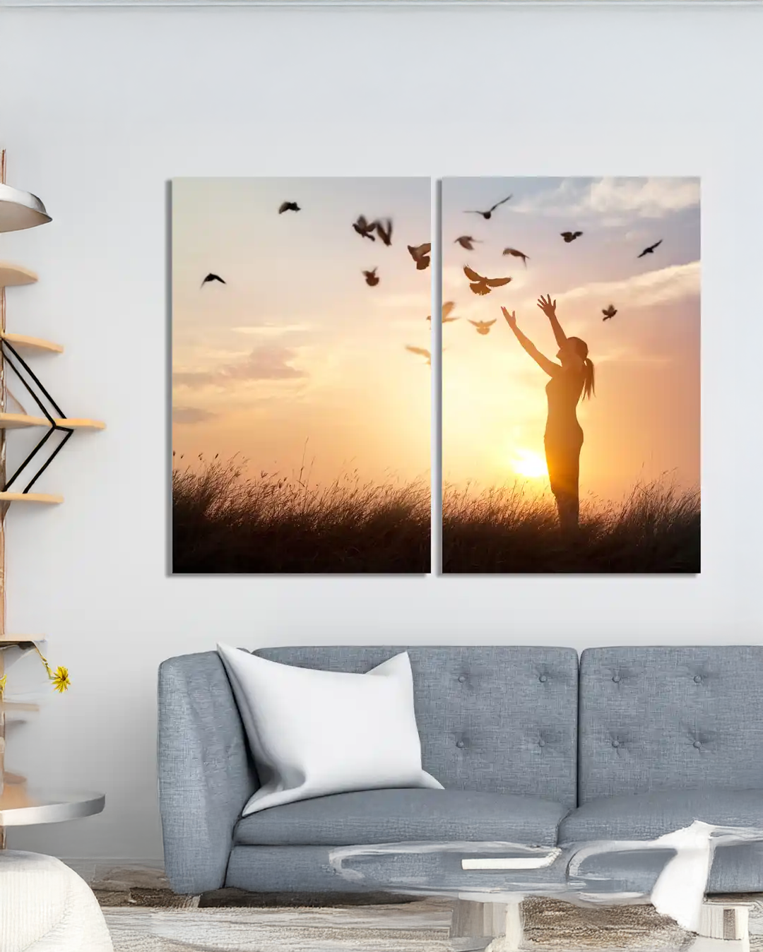Set de 2 Cuadros Atardecer con Palomas en el Cielo