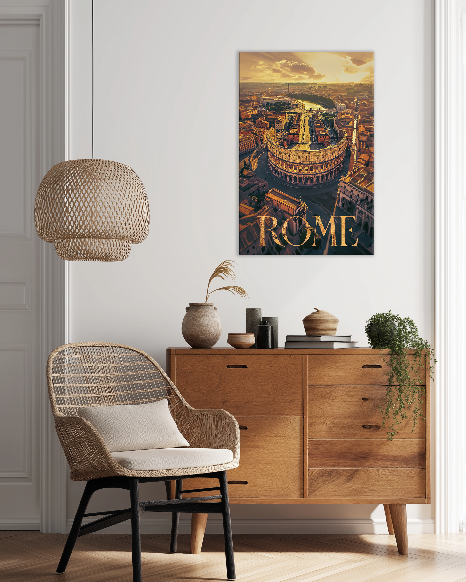 Cuadro decorativo de Roma con vista aérea del Coliseo Romano al atardecer