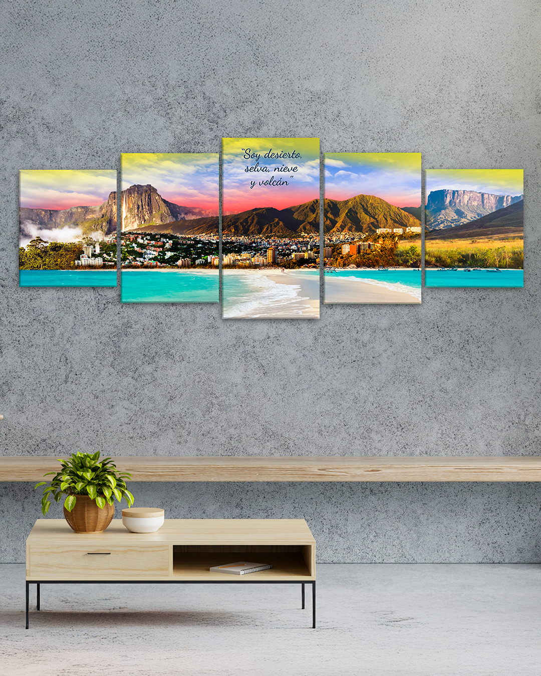 Set de 5 cuadros Paisajes Emblemáticos de Venezuela con cielo tricolor
