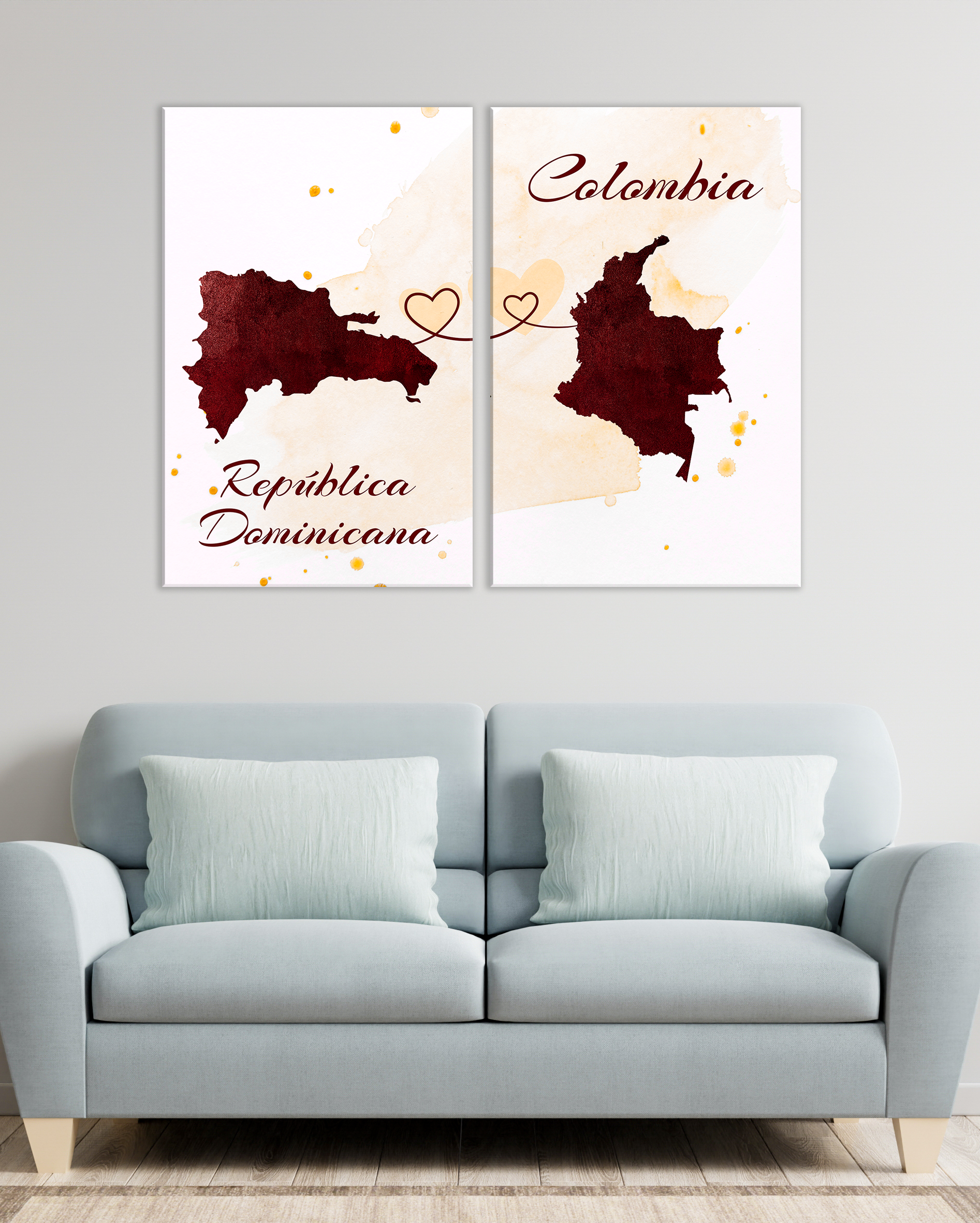 Mapas de Países. Set de 2 cuadros en tonos acuarelas.