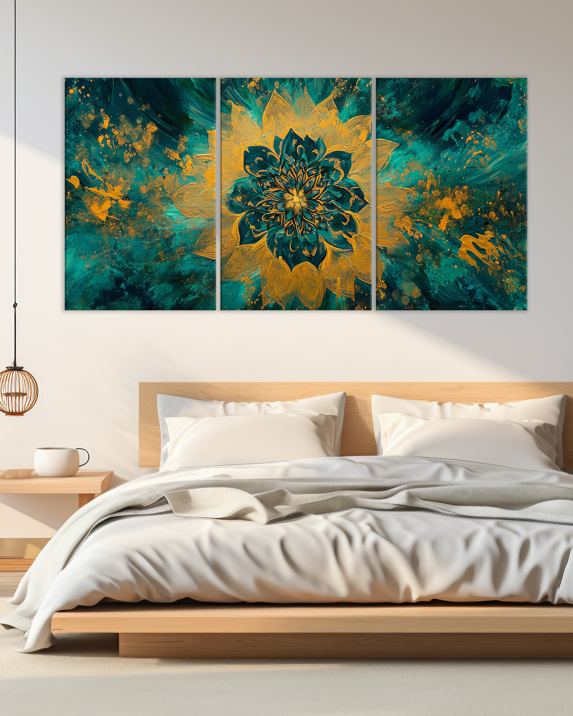 Cuadro Decorativo Flor Abstracta Dorada y Turquesa