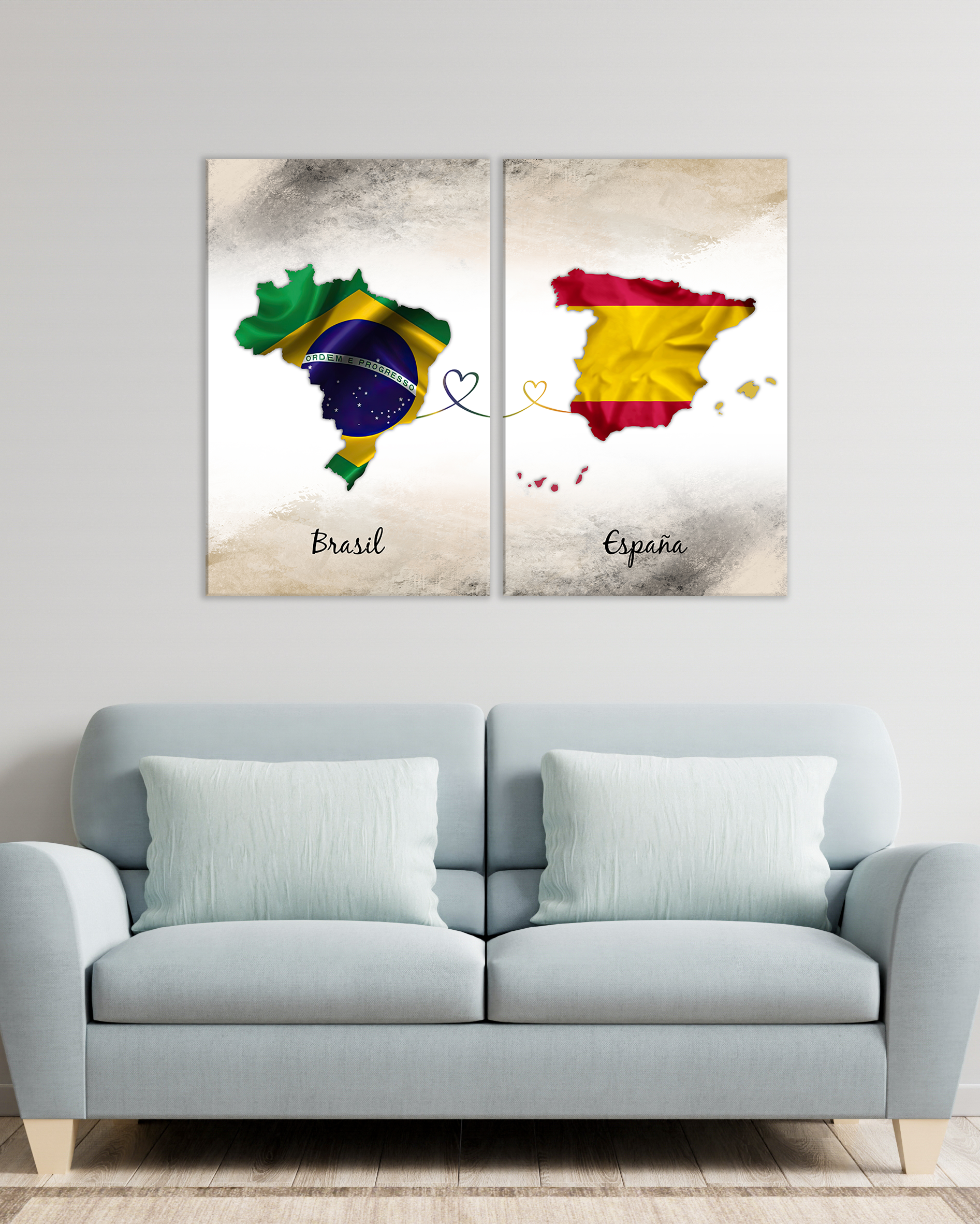 Cuadro de mapas de Brasil y España unidos por corazones – diseño decorativo moderno