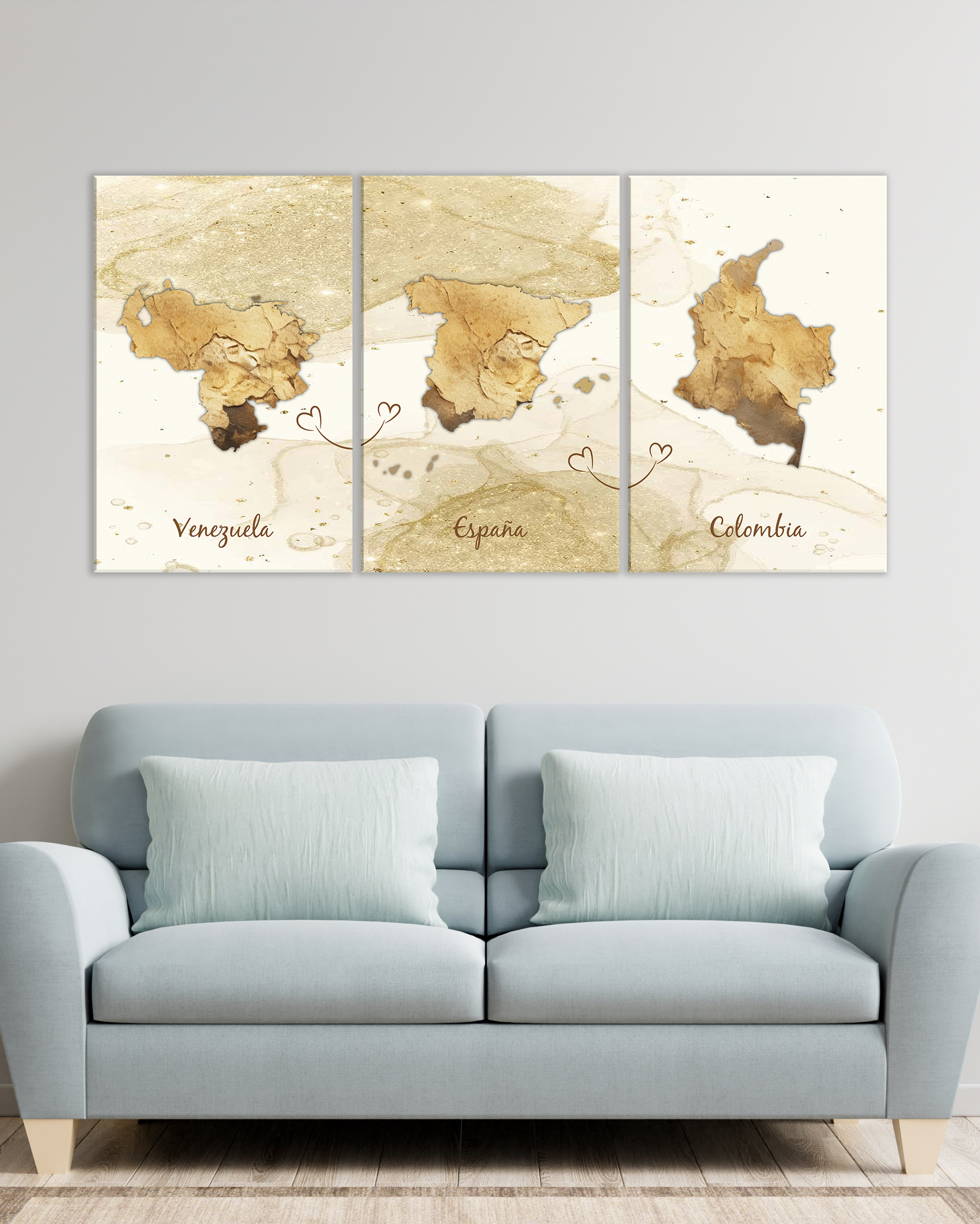 Cuadros personalizados mapas de países. Set de 3 fondo dorado