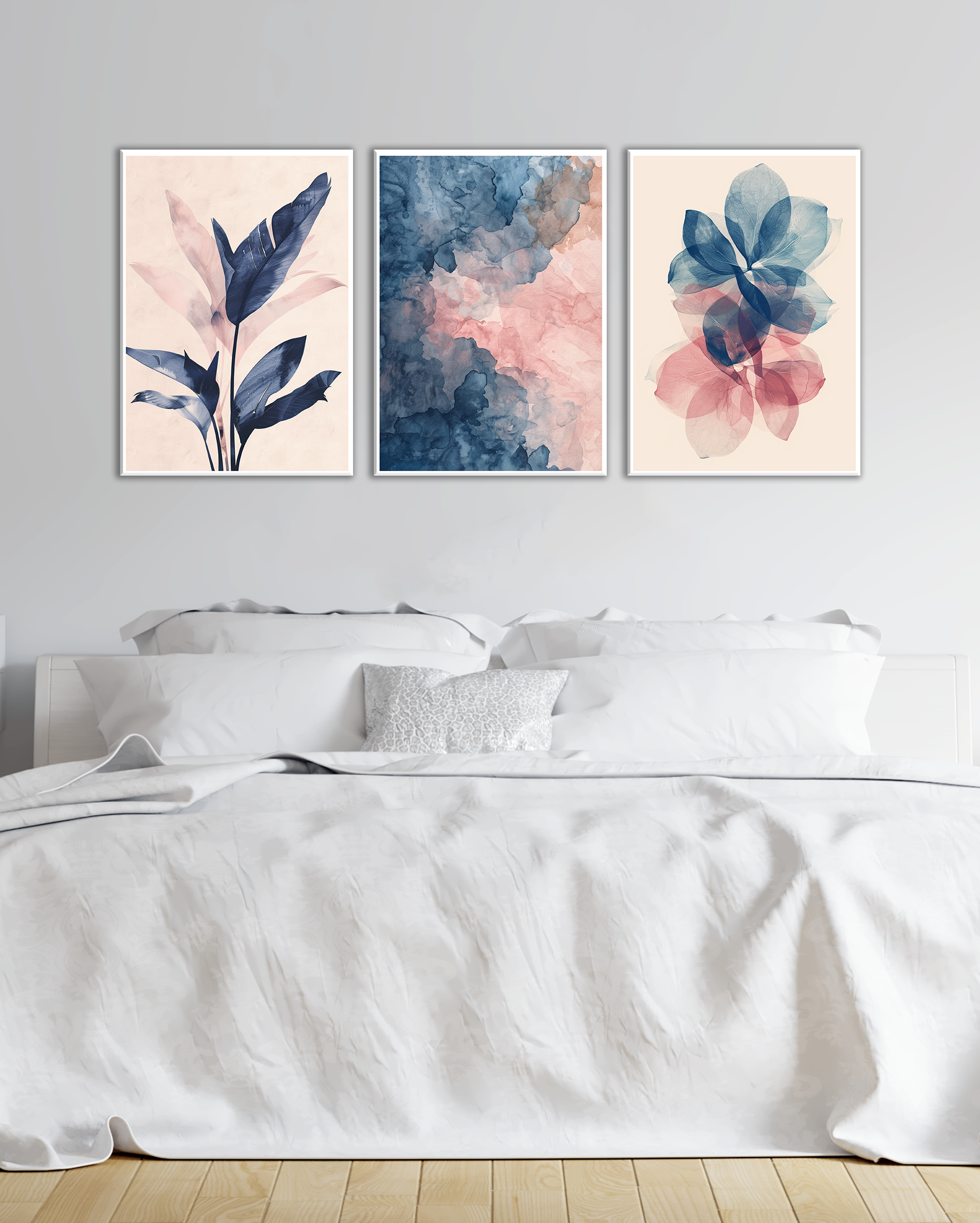 Tríptico abstracto azul y rosa para dormitorio moderno