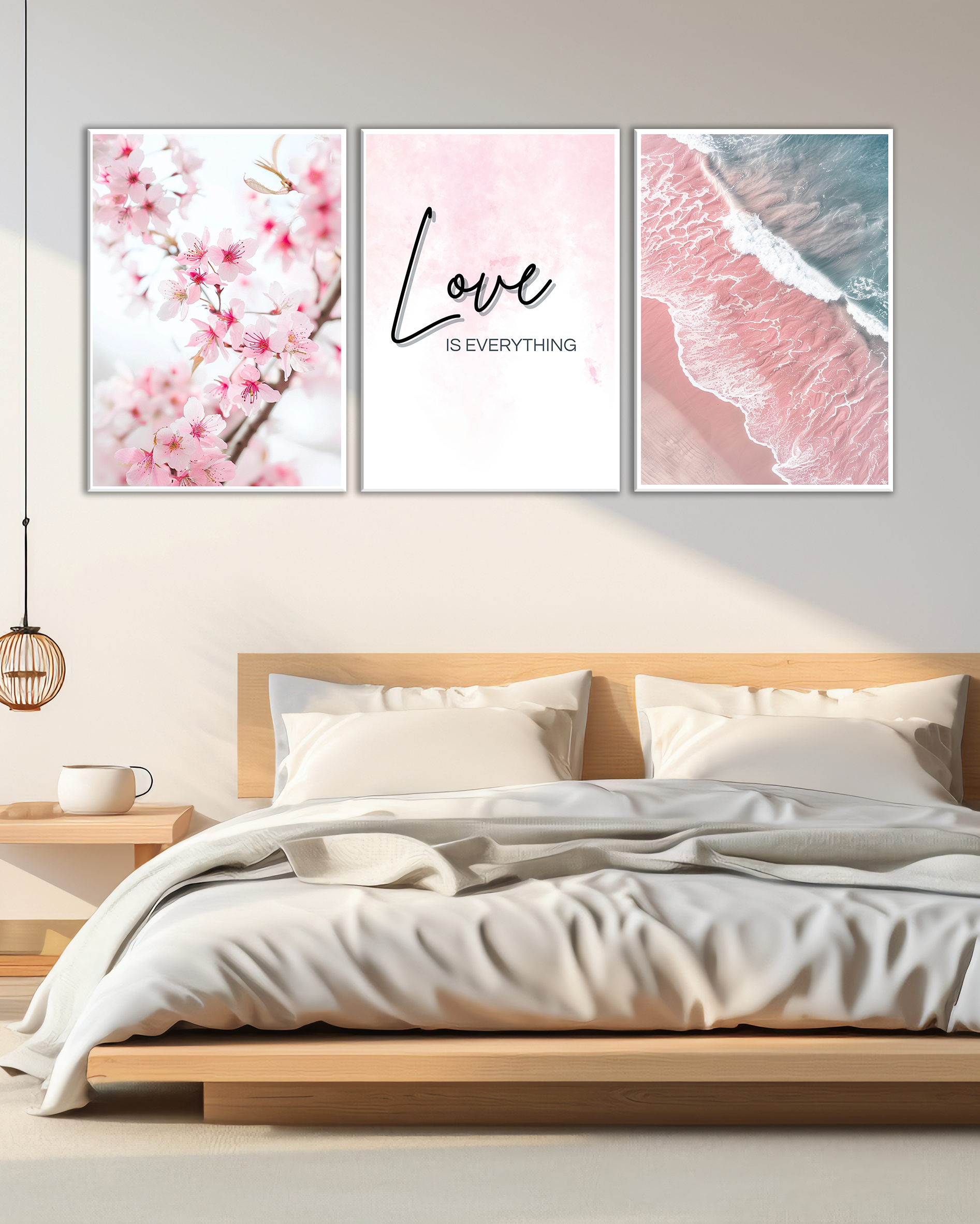 Tríptico decorativo romántico con flores, playa y frase inspiradora