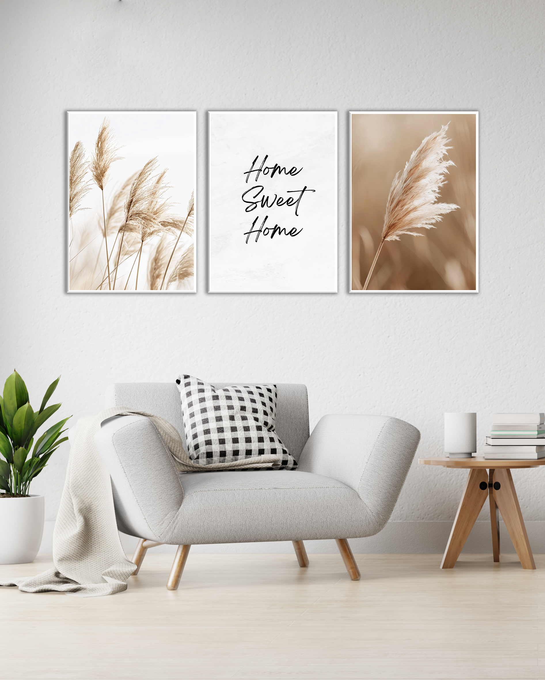 Tríptico minimalista con frase Home Sweet Home y naturaleza