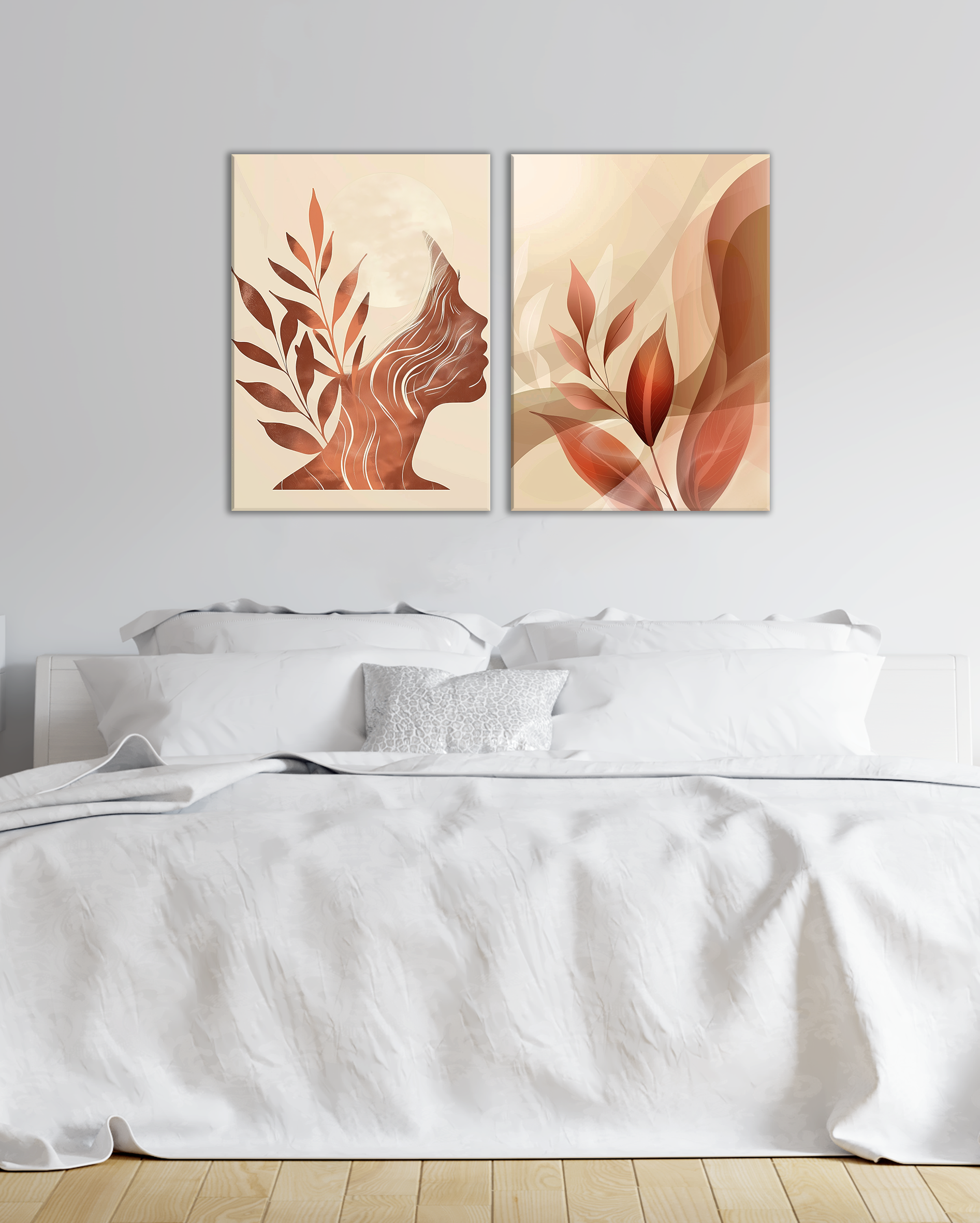 Cuadro decorativo silueta femenina con hojas, Arte moderno en tonos tierra