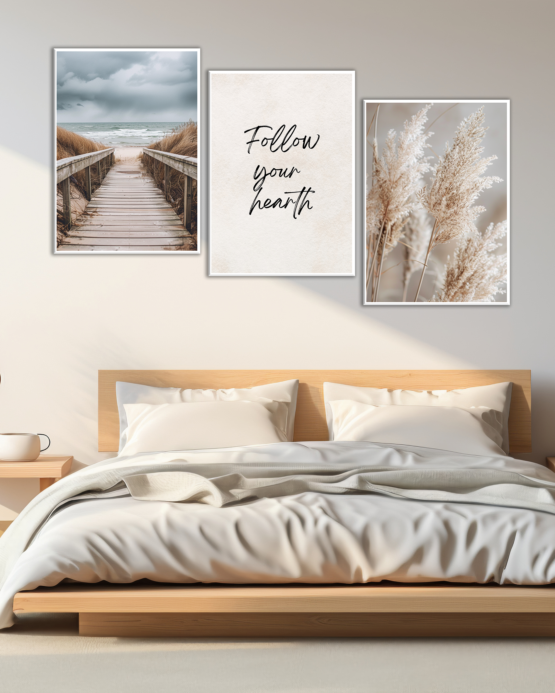 Tríptico decorativo de playa y naturaleza con frase motivadora