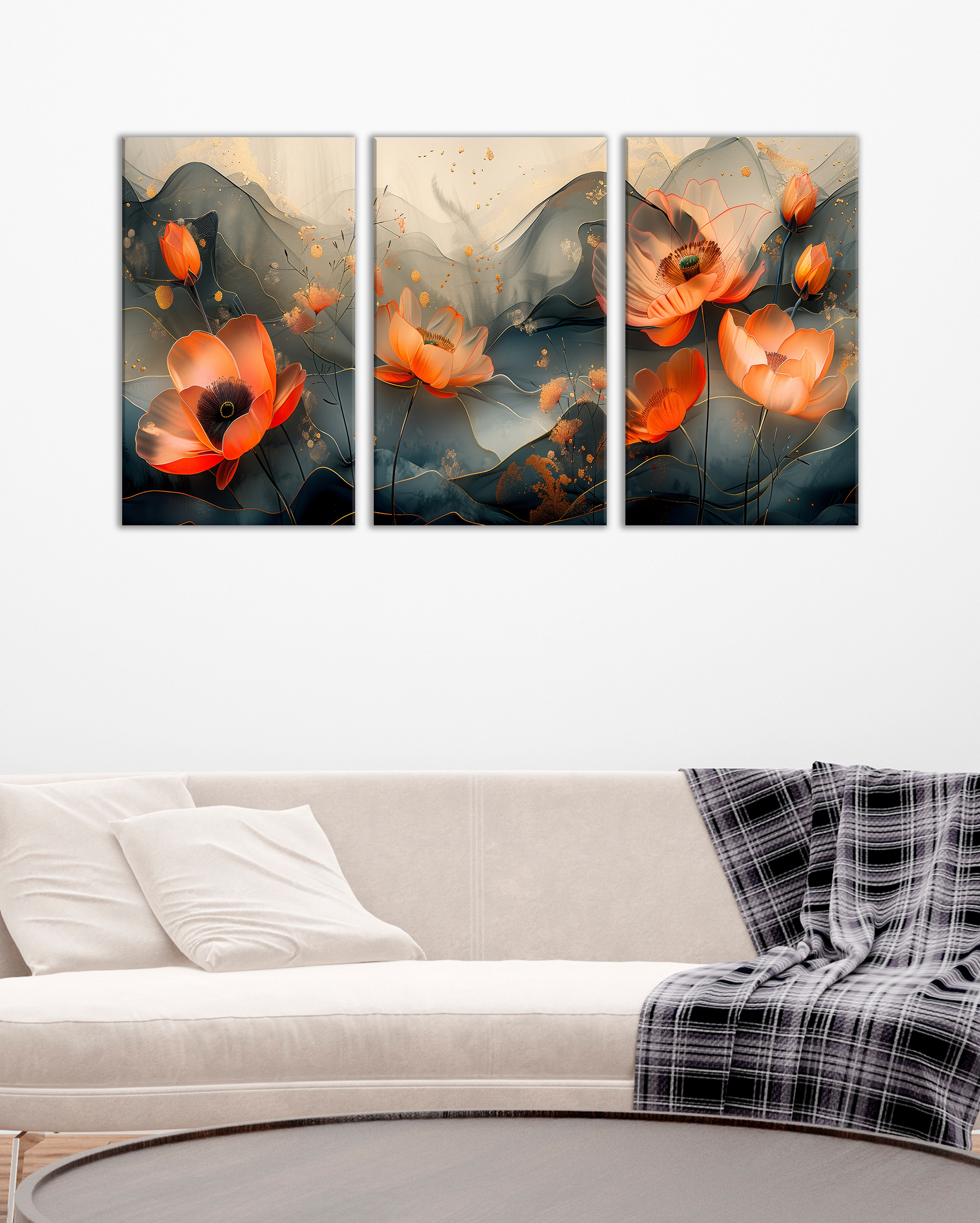 Tríptico floral moderno con amapolas rojas sobre fondo artístico en tonos oscuros