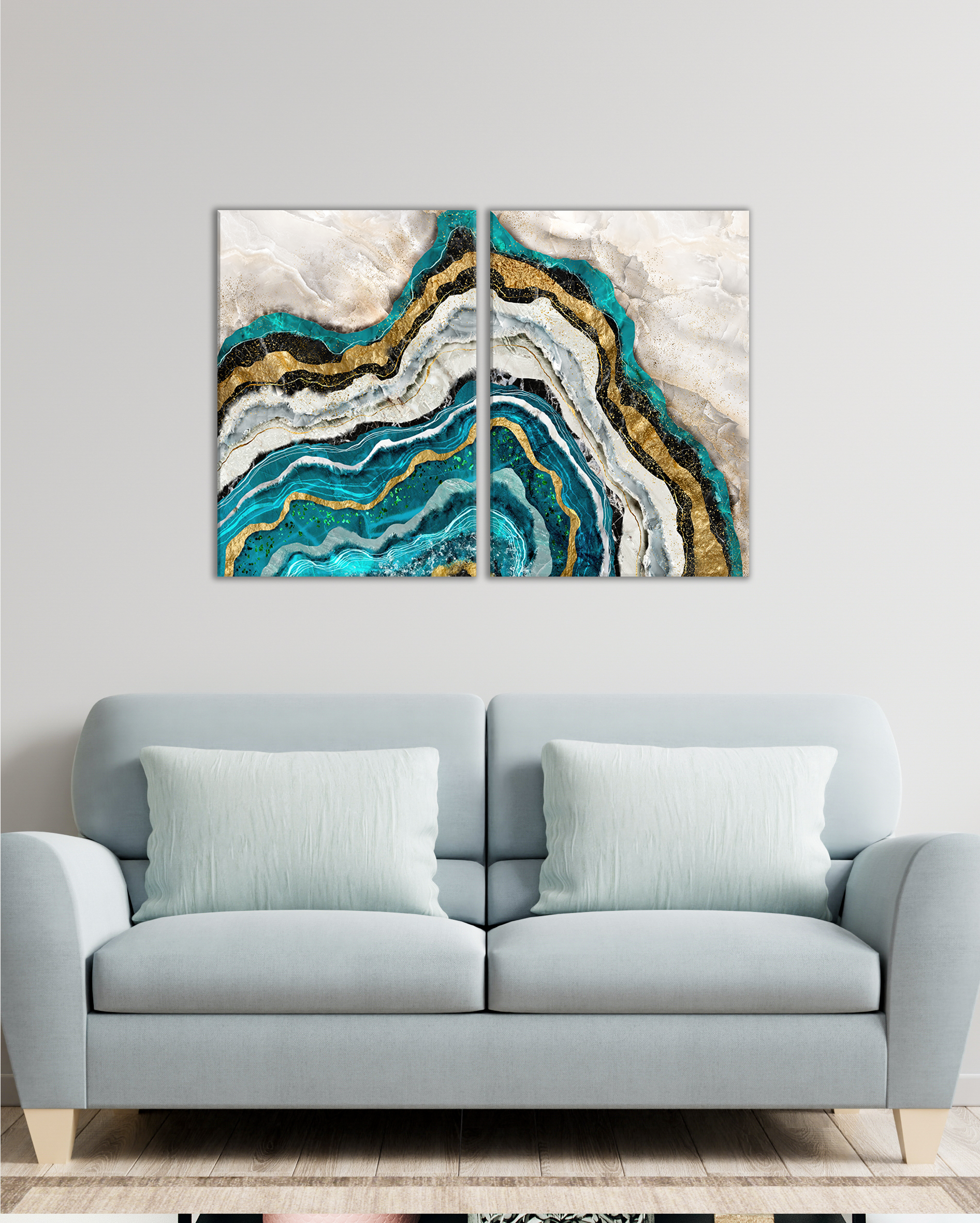 Cuadro Díptico Abstracto | Geoda Azul y Dorado Estilo Mineral