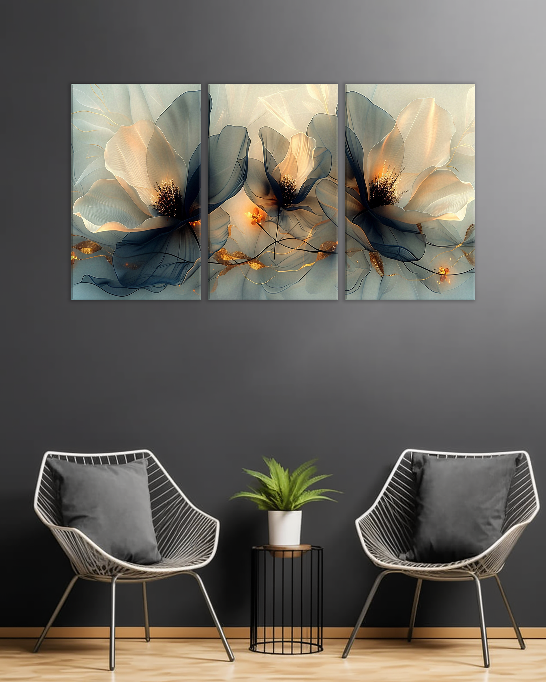 Cuadro Tríptico de Flores Modernas en Tonos Neutros