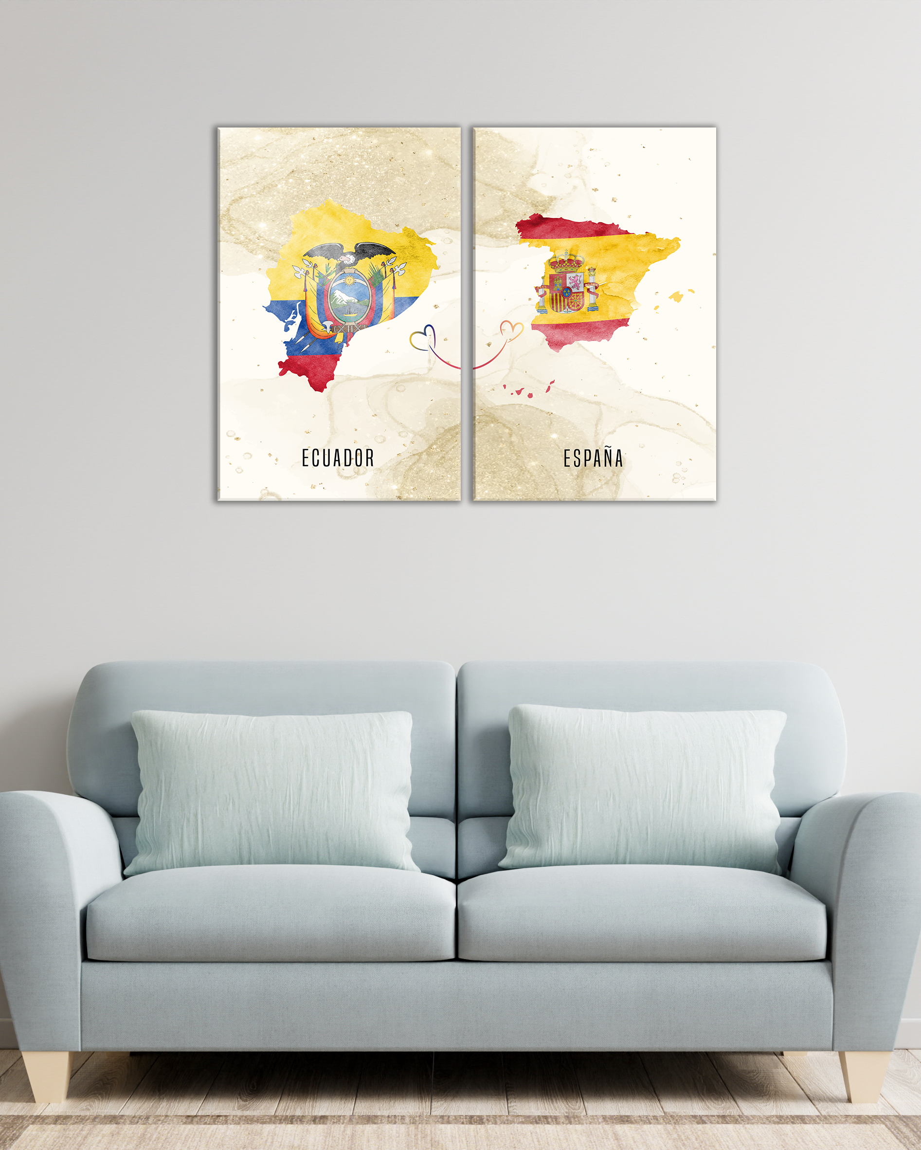 Mapas de Países. Set de 2 cuadros en tonos claros con banderas