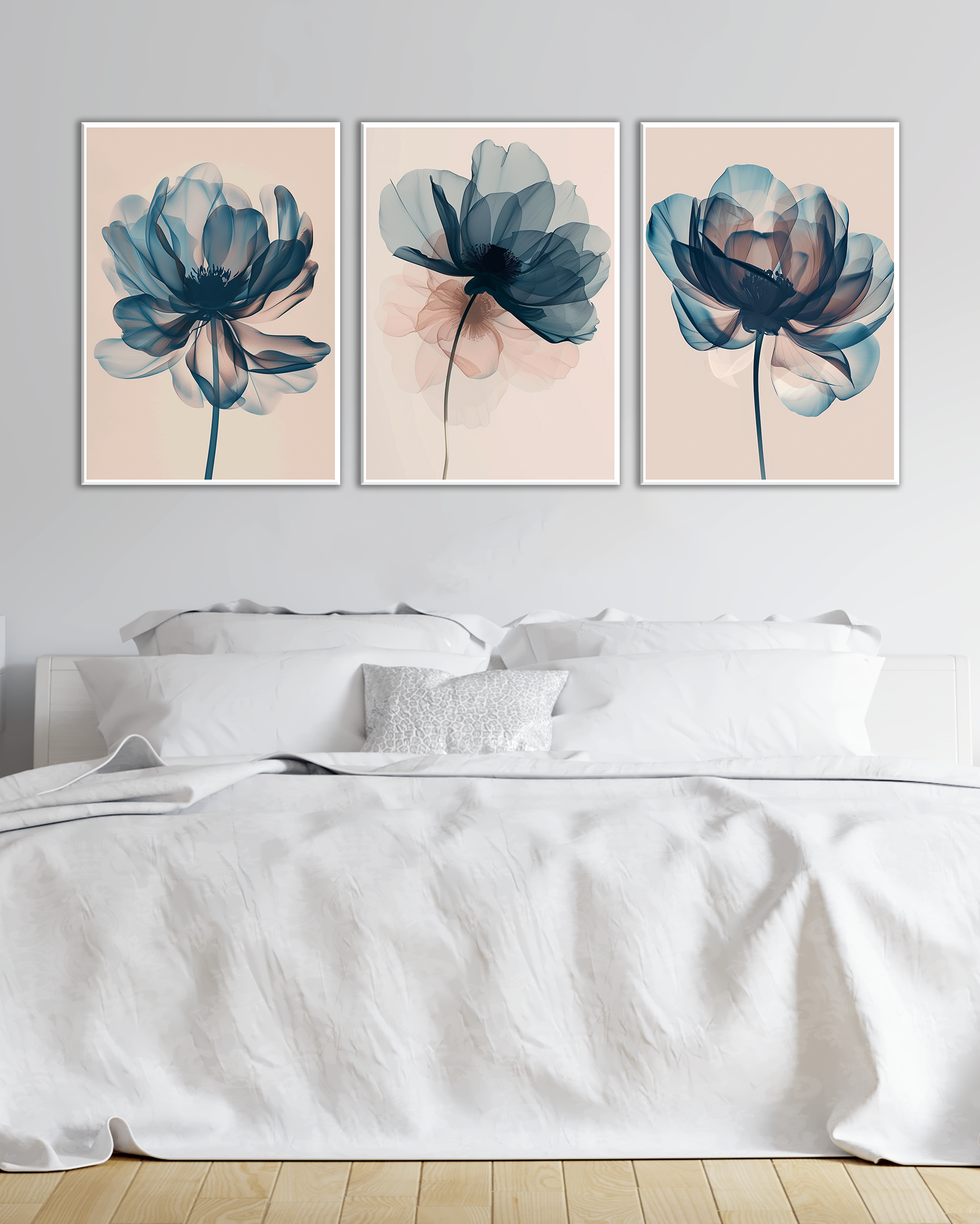 Cuadro Tríptico Moderno de Flores Azules Translúcidas