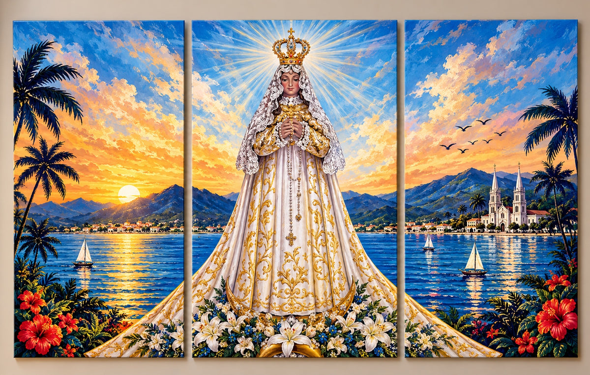 Cuadro Virgen del Valle de Venezuela – Tríptico Religioso con Paisaje Venezolano