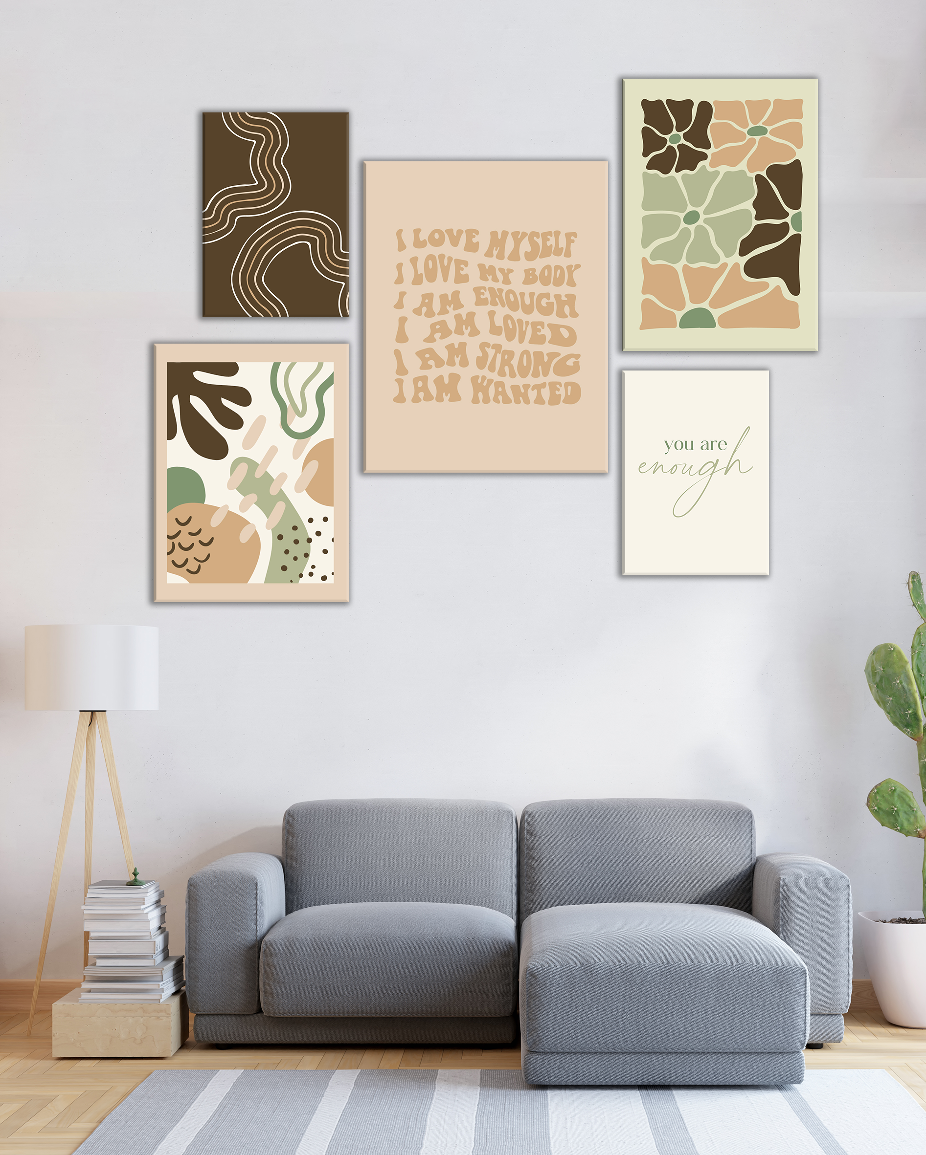 Set de Cuadros Abstractos y Frases Positivas en Tonos Tierra