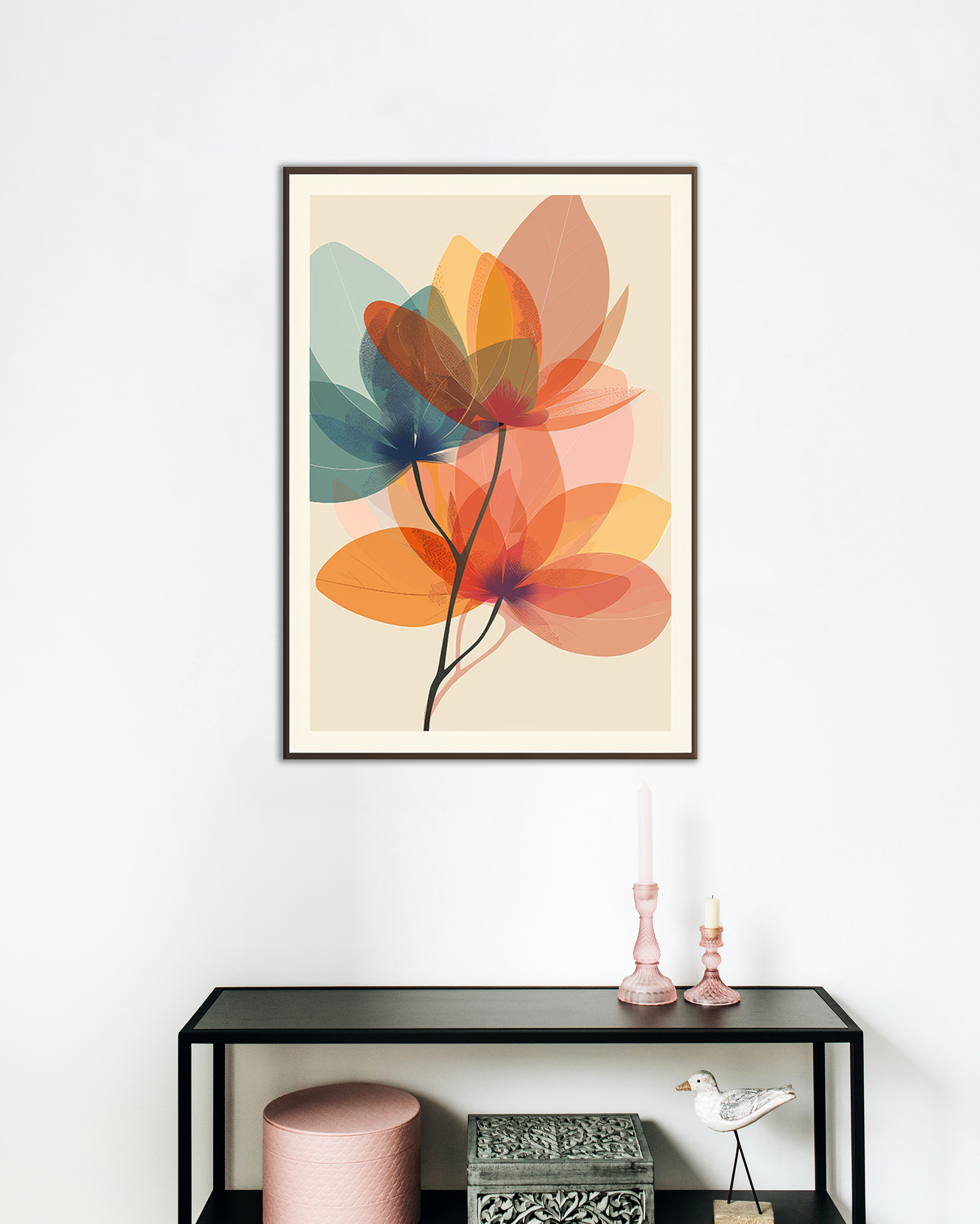 Cuadro floral abstracto en tonos cálidos, Arte moderno para decoración minimalista