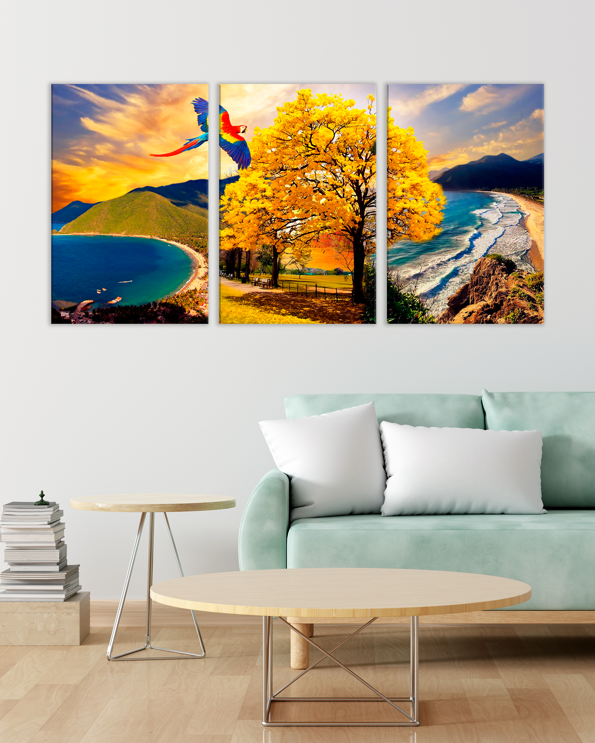 Cuadro decorativo Venezuela, Paisaje tropical con playa, araguaney y guacamaya
