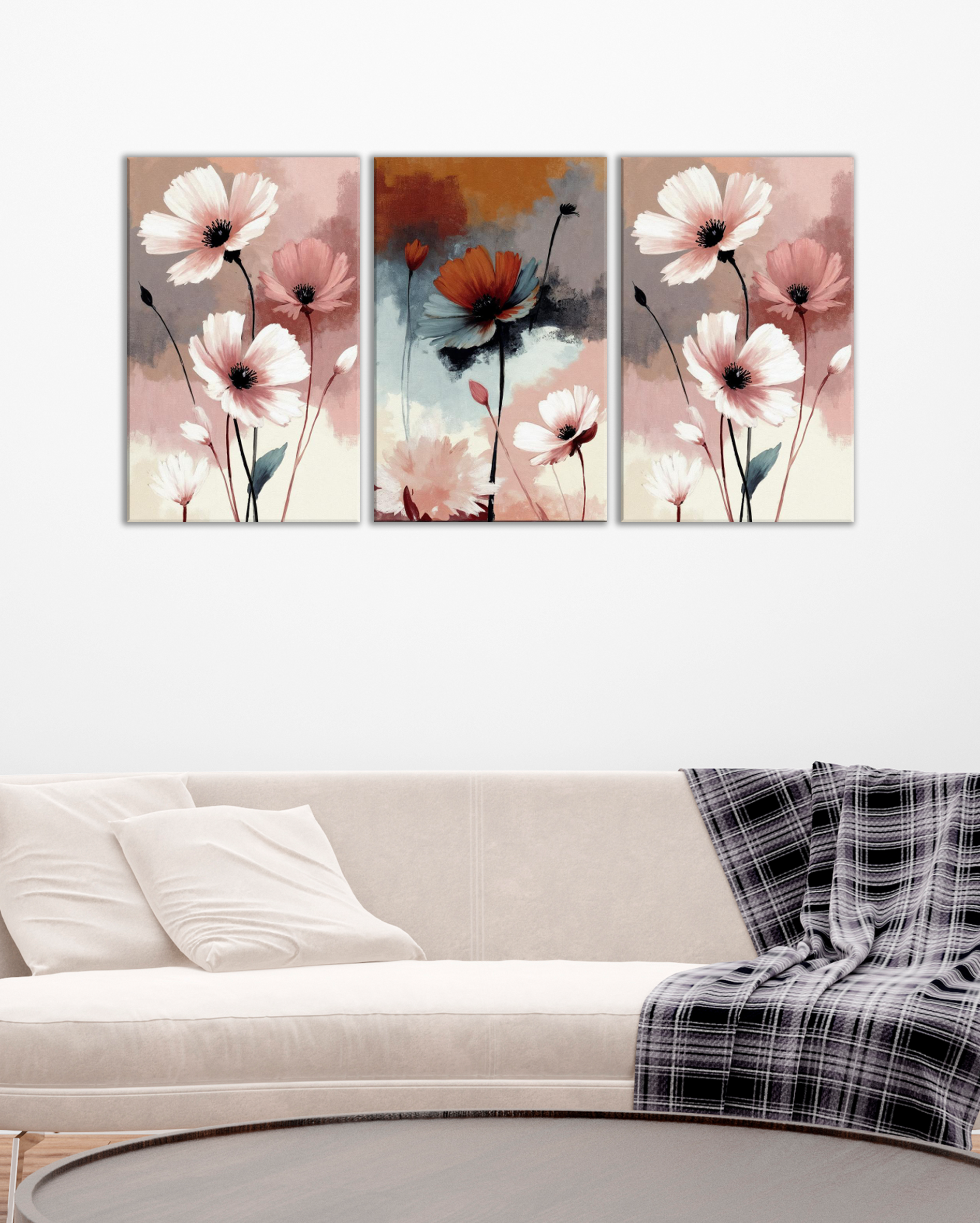 Cuadros de Flores Abstractas en Tríptico | Arte Floral Moderno para Salón o Dormitorio