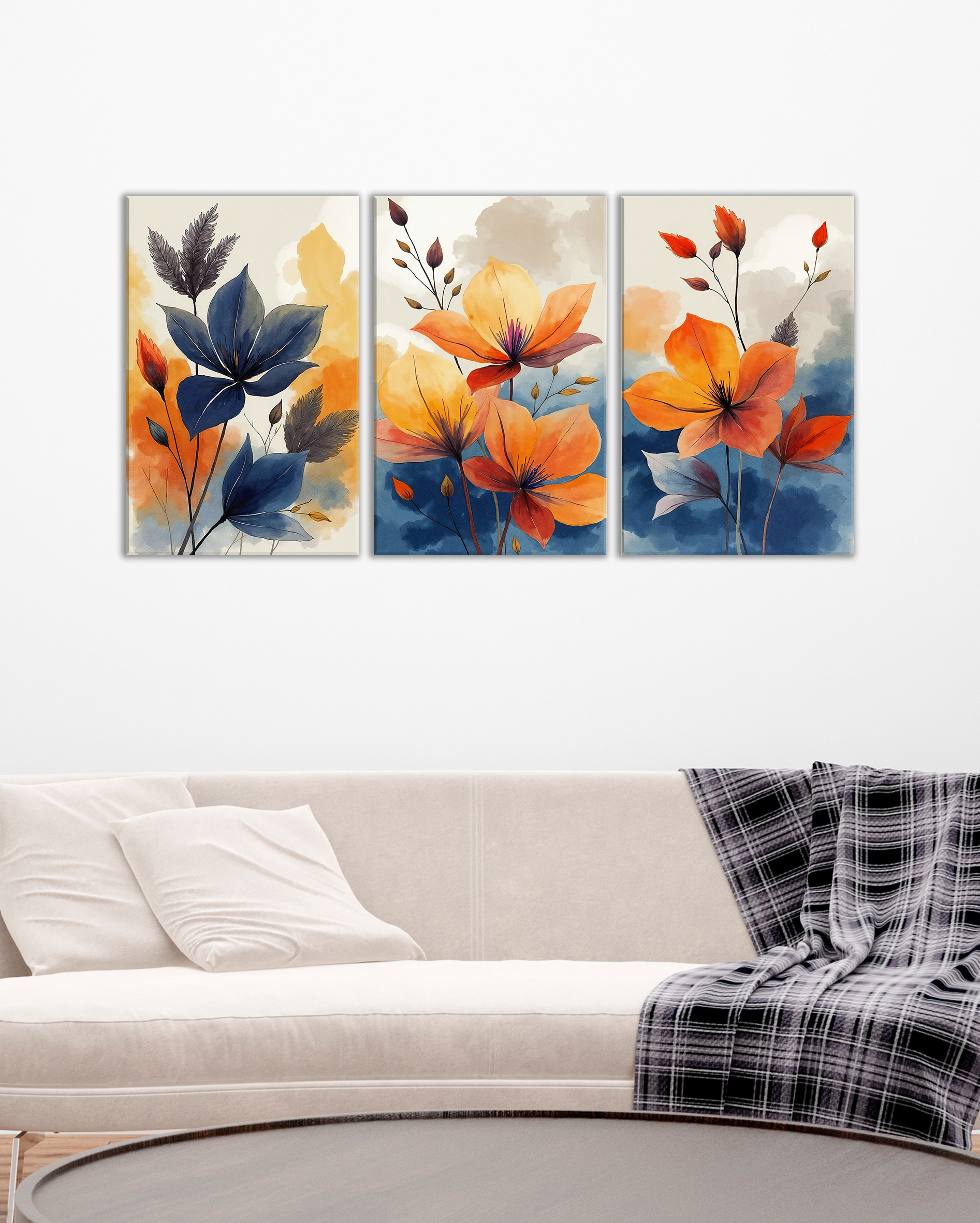 Tríptico de Flores en Tonos Naranja y Azul | Cuadros Modernos para Decoración de Salones