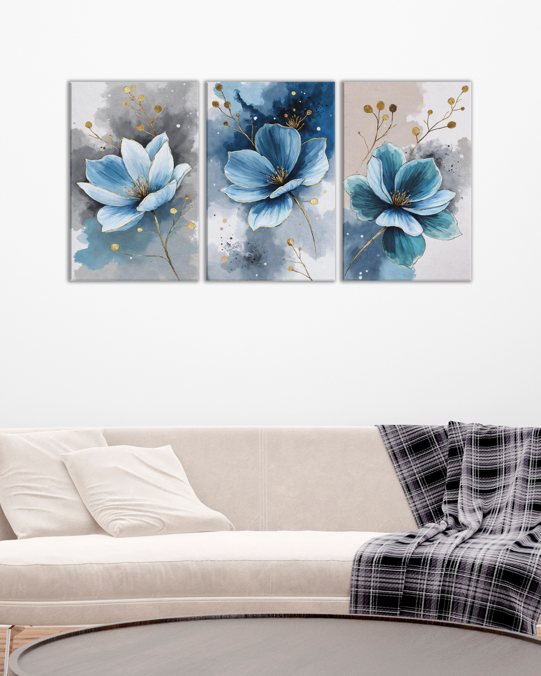 Tríptico de Flores Azules con Detalles Dorados | Cuadros Decorativos Modernos
