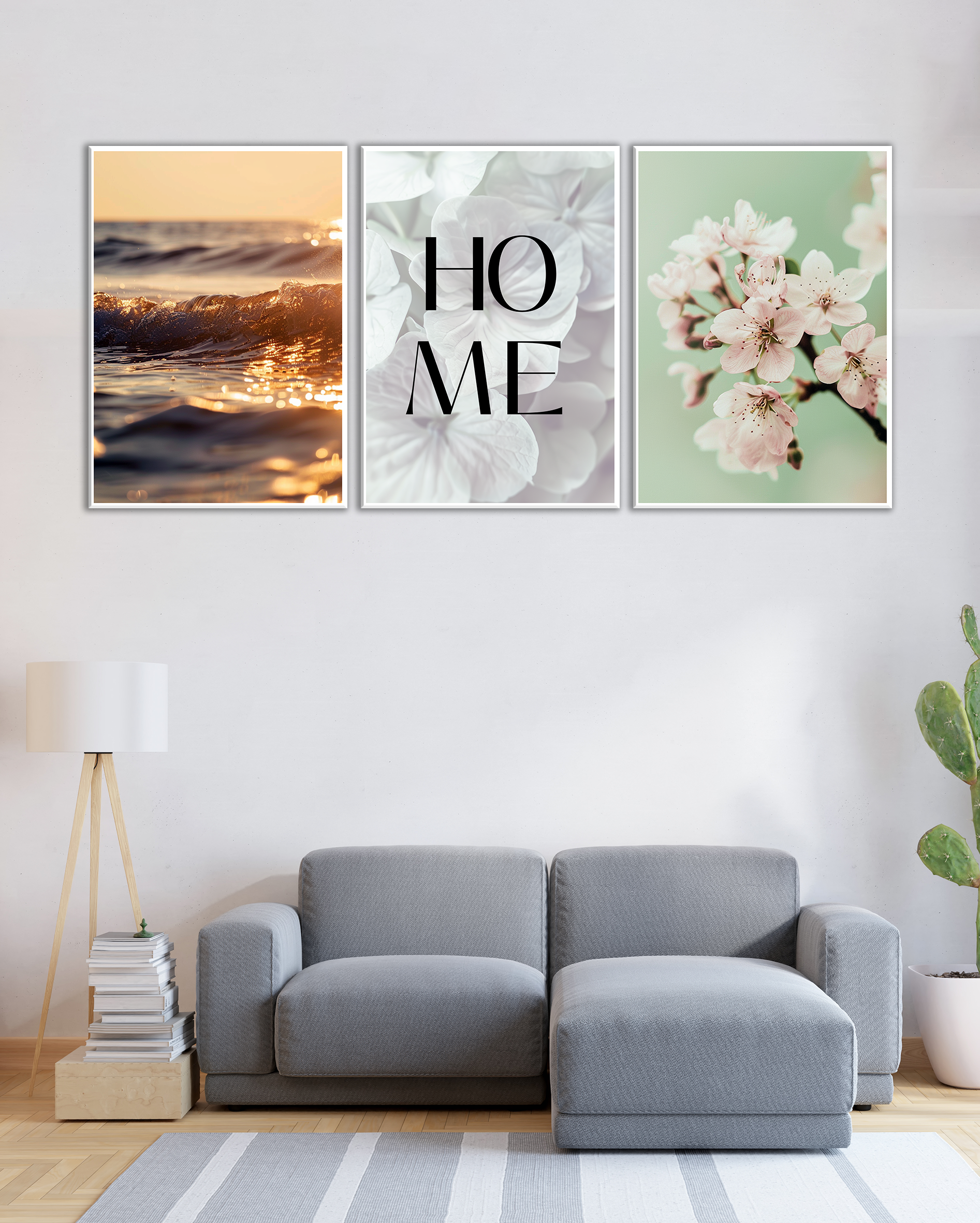 Cuadro decorativo “Home” con flores y mar – Tríptico moderno para salón o recibidor